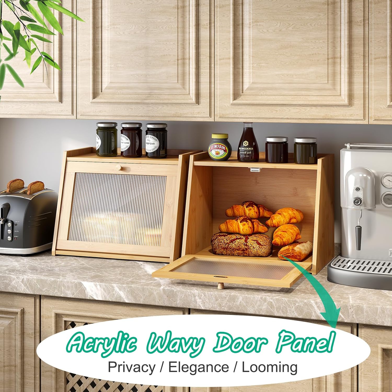 kiplant Large Bread Box for Kitchen Counter, Bamboo Bread Storage Container with Wavy Arcylic Transparent Door, Bamboo