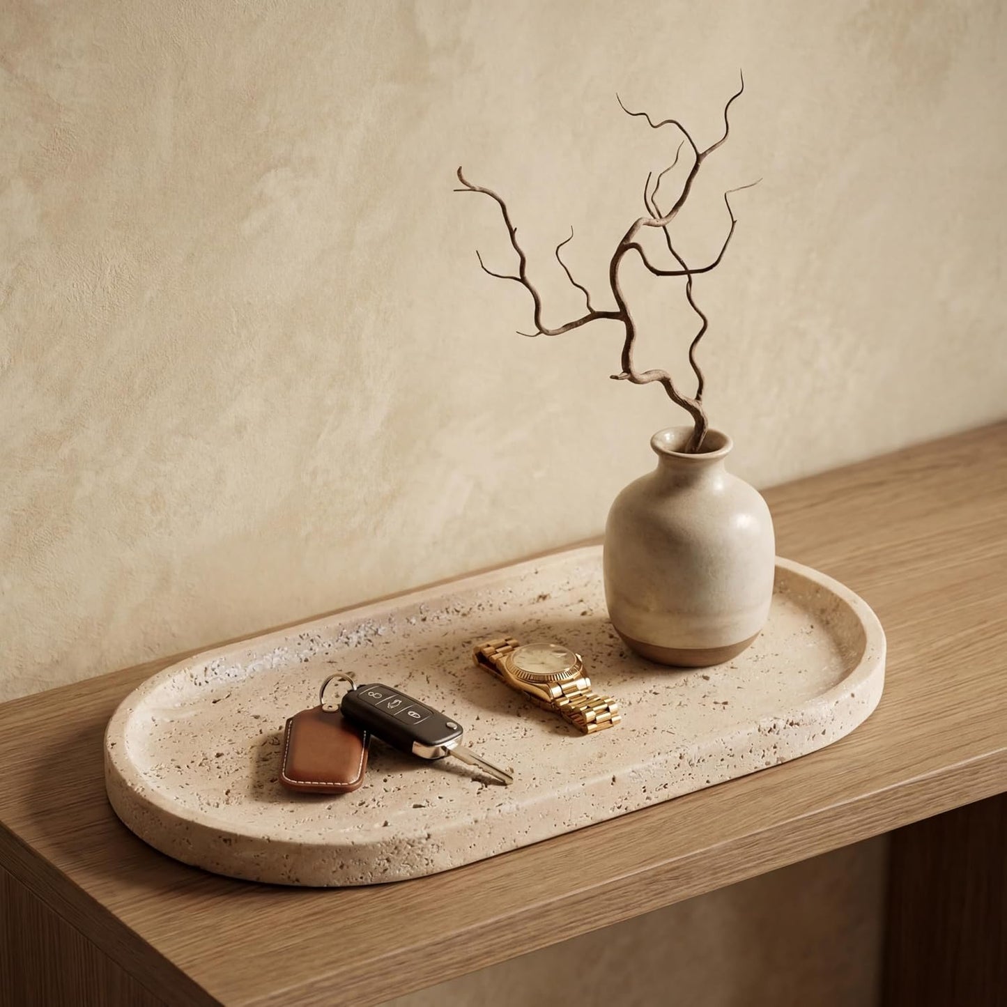 Oval Real Marble Tray / Natural Travertine Beige / 11.8 x 5.9