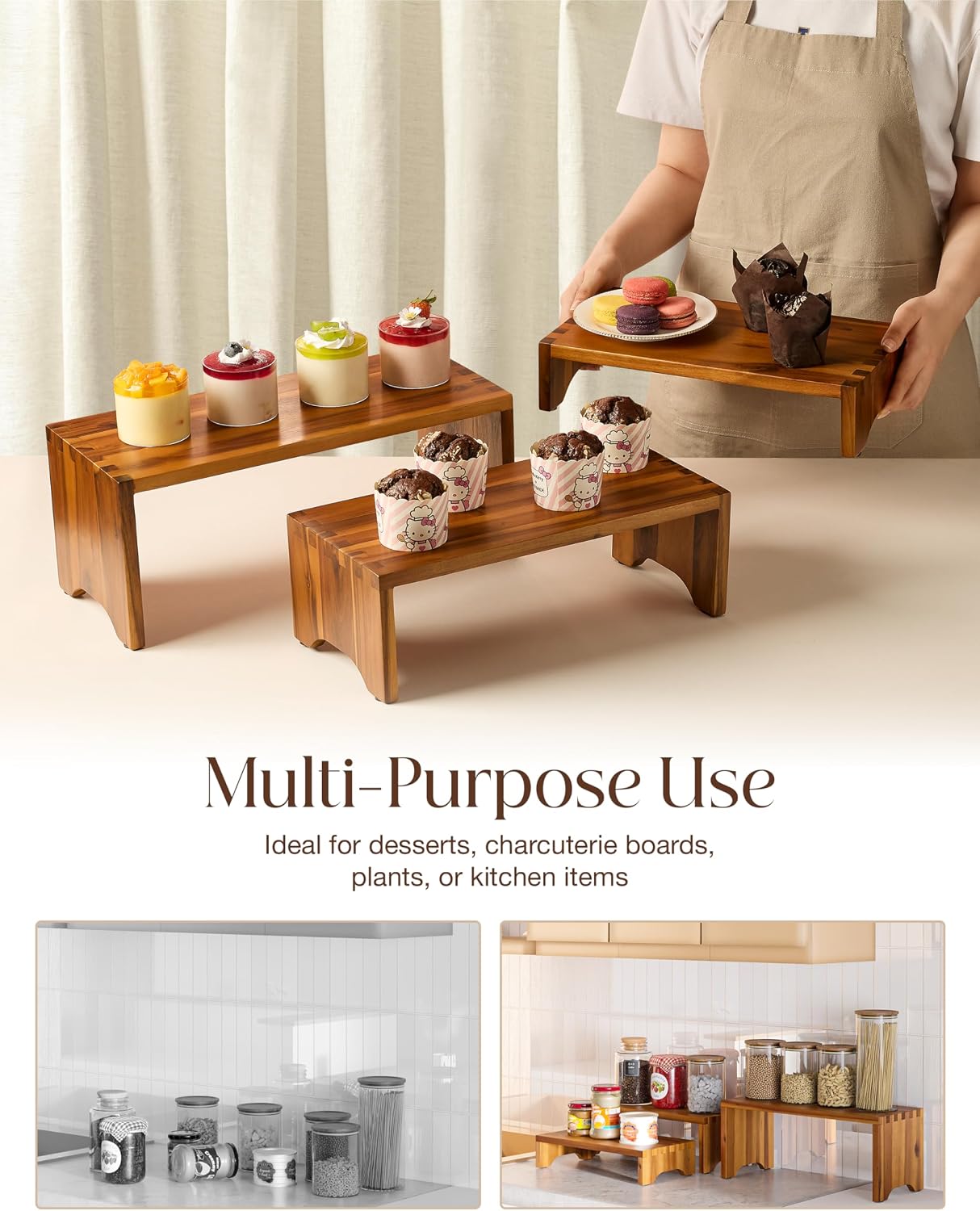 Tidita Wooden 3 Tier Cupcake Stand, Riser Display Stand with Non-Slip Pads | Set of 3 Size ,Solid Acacia Wood, No