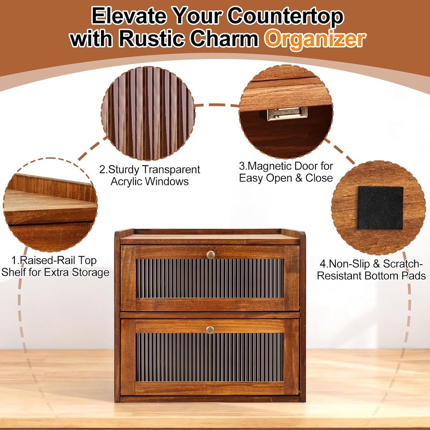 Alpeir Wooden Bread Box for Kitchen Countertop, Large Double Layer, Brown | Food-Safe Pine Wood, Double-Row