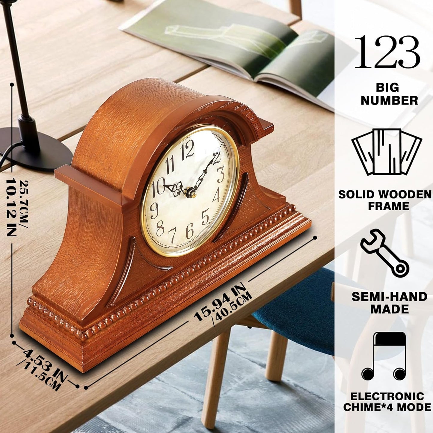 AYRELY® Grandfather Mantel Clock with Hour/Quarter-Hour Chime, Elegant Wooden Frame, Table Clocks Battery Operated