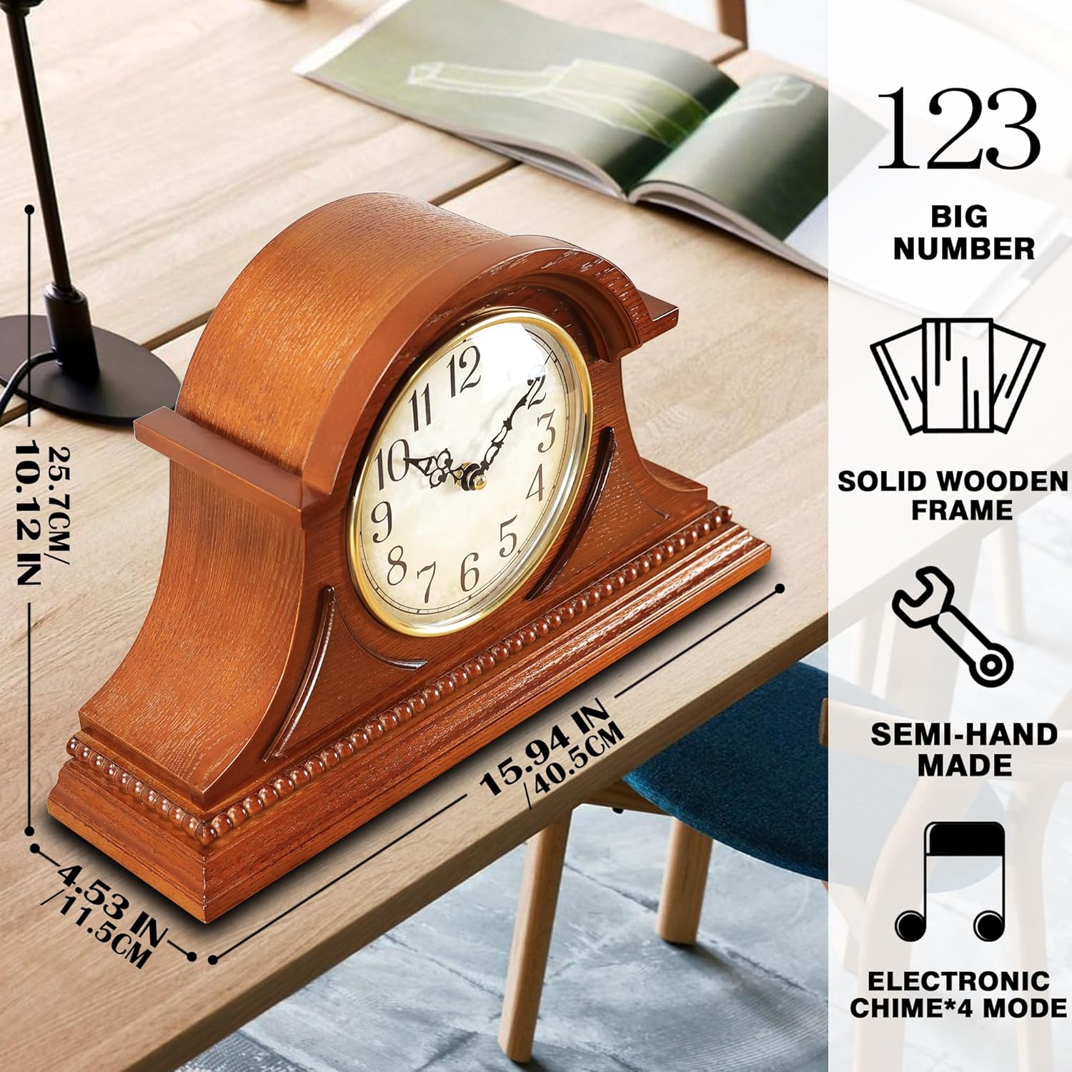 AYRELY® Grandfather Mantel Clock with Hour/Quarter-Hour Chime, Elegant Wooden Frame, Table Clocks Battery Operated
