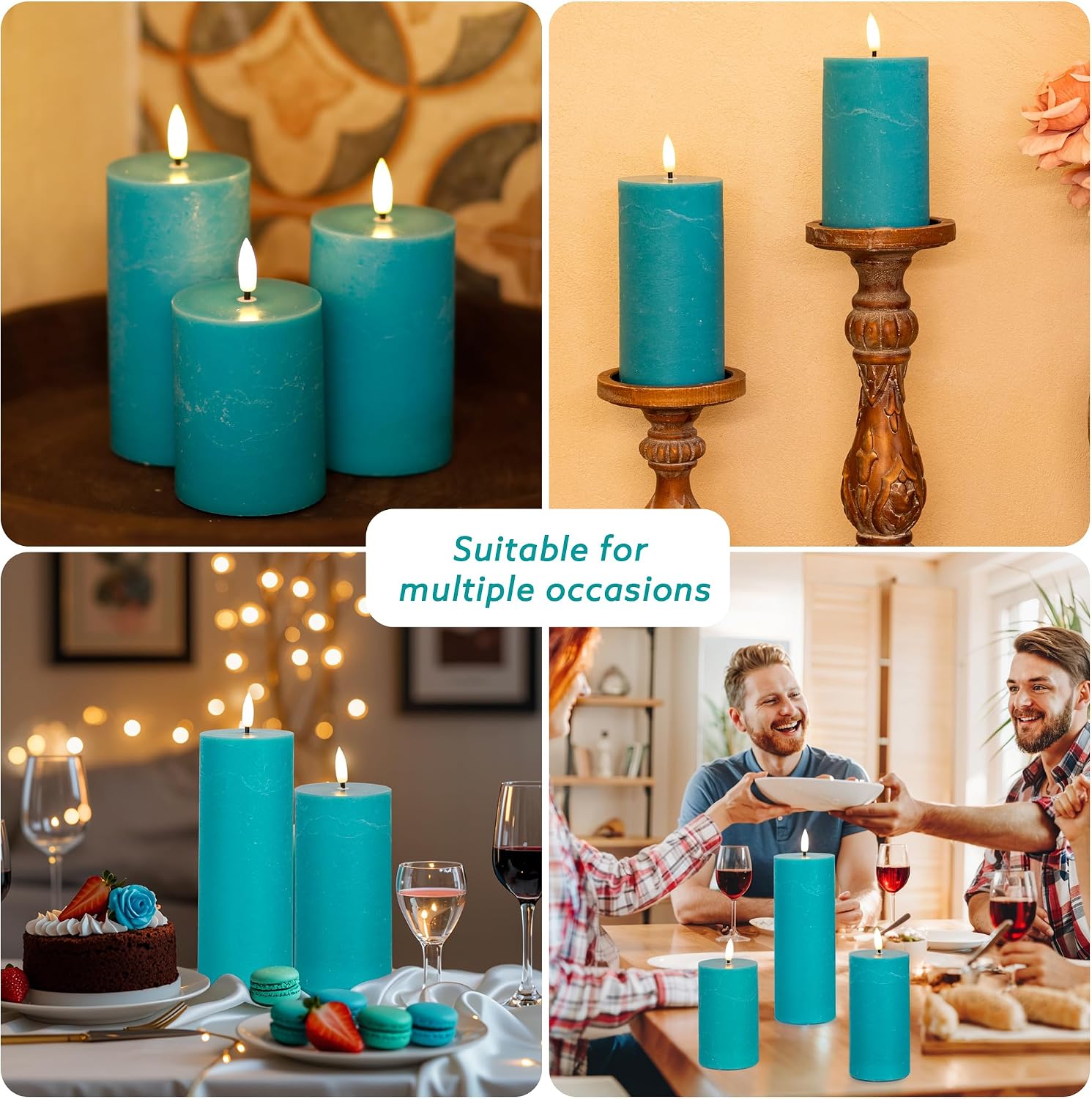 Teal Flameless Candles, Wax Battery Operated Candles with Remote | Flat Top Flickering LED Pillar Candles for Home