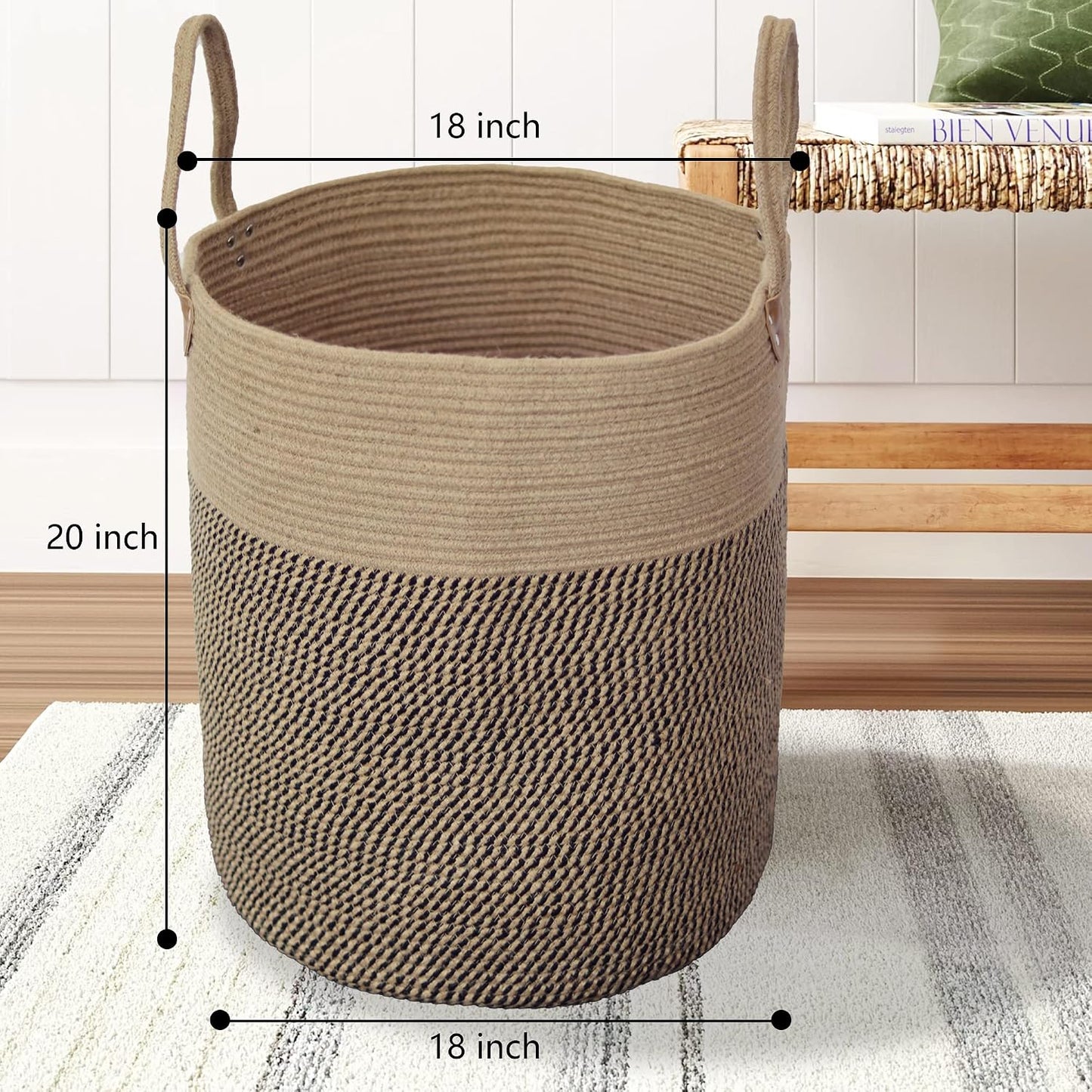 Jute Laundry Hamper Large Woven Rope Storage Basket / Jute/black Mix-18"wx20"h