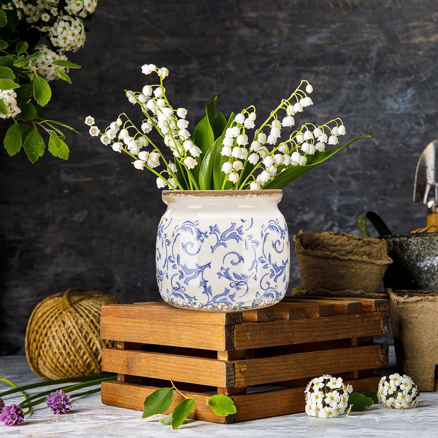 Vintage Planter Large Ceramic Plants Pot Crack Cottage Scroll Vase Flower Vase / Chinoiserie / Blue
