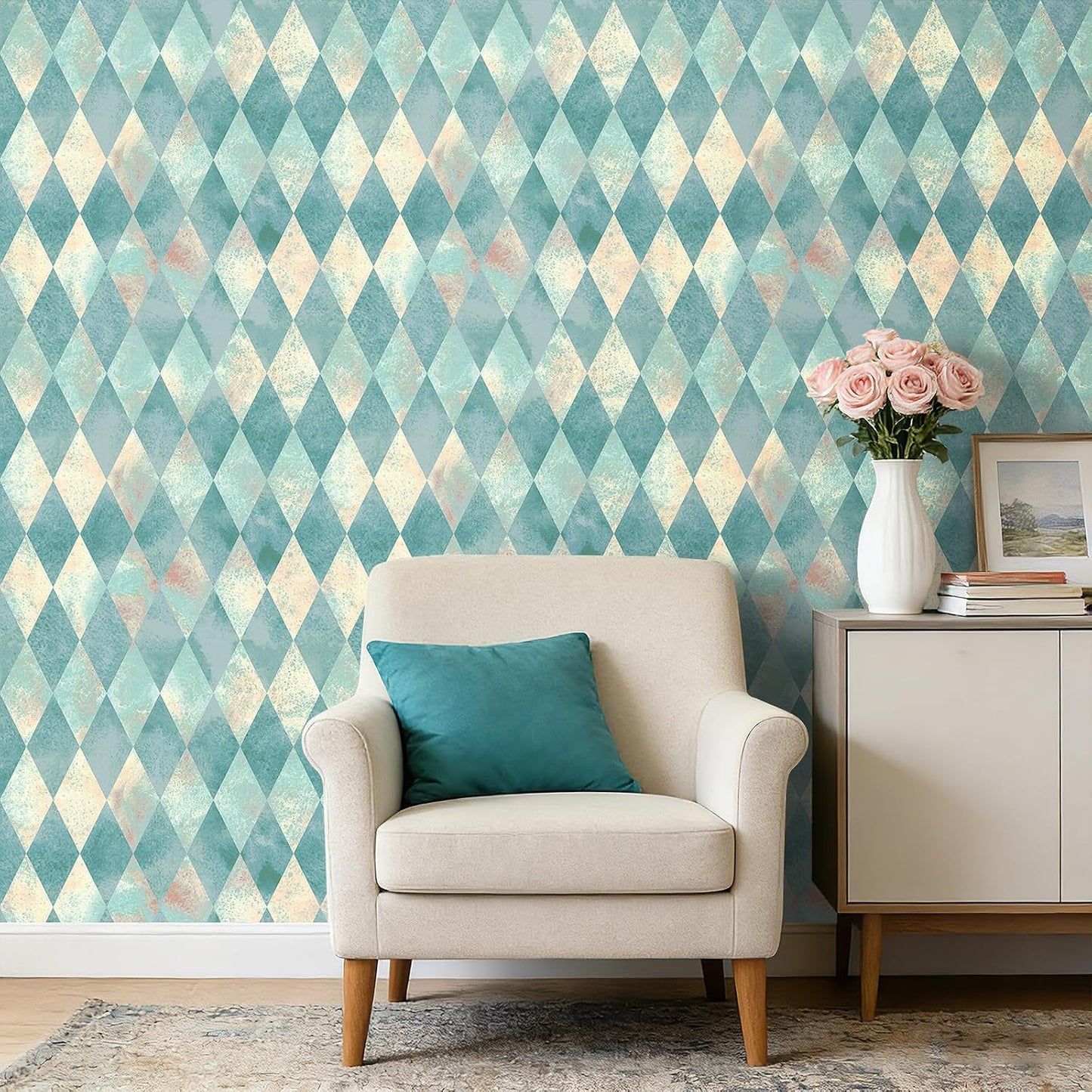 Diamond Checkered Wallpaper Peel and Stick Retro Geometric Boho / 17.5 x 80 / Diamond Checker / Blue
