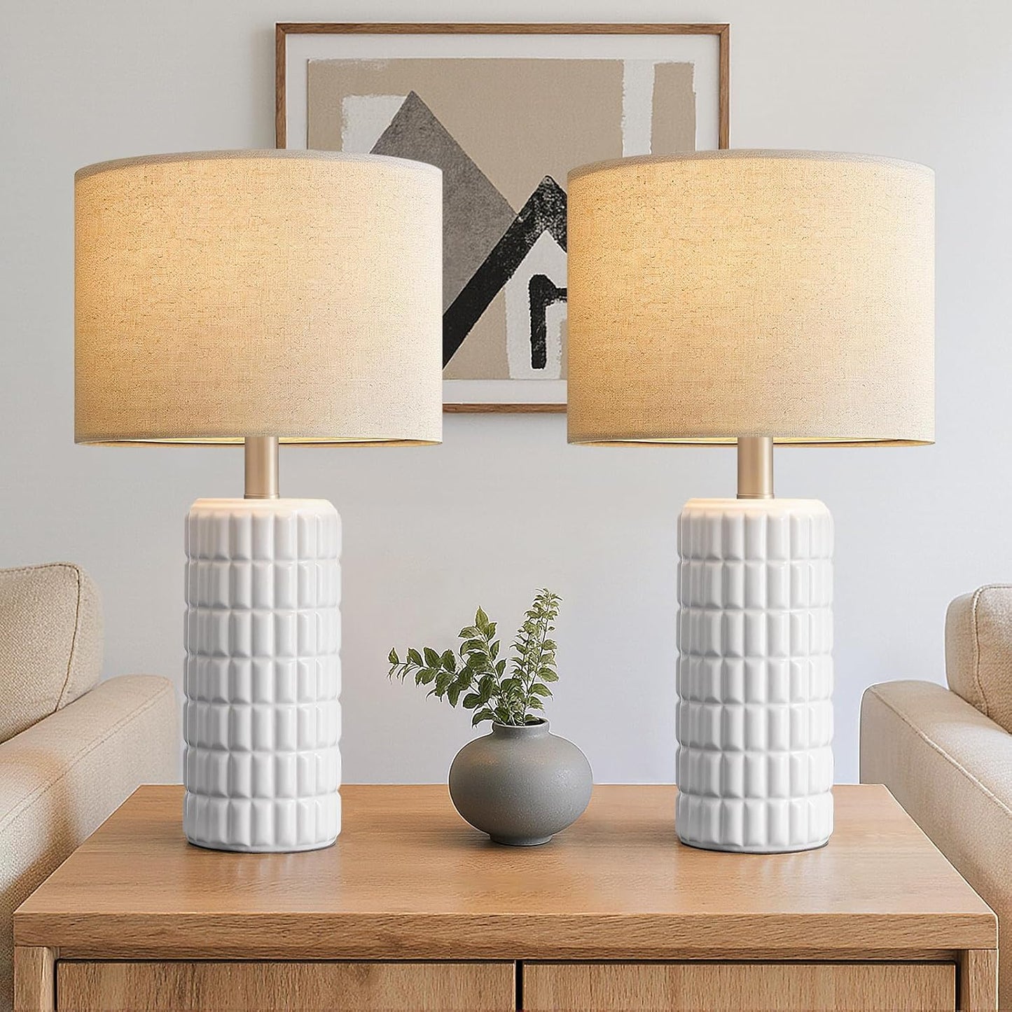 Seealle 23" Ceramic Table Lamps Set of 2, Lamps for Bedroom, Light White