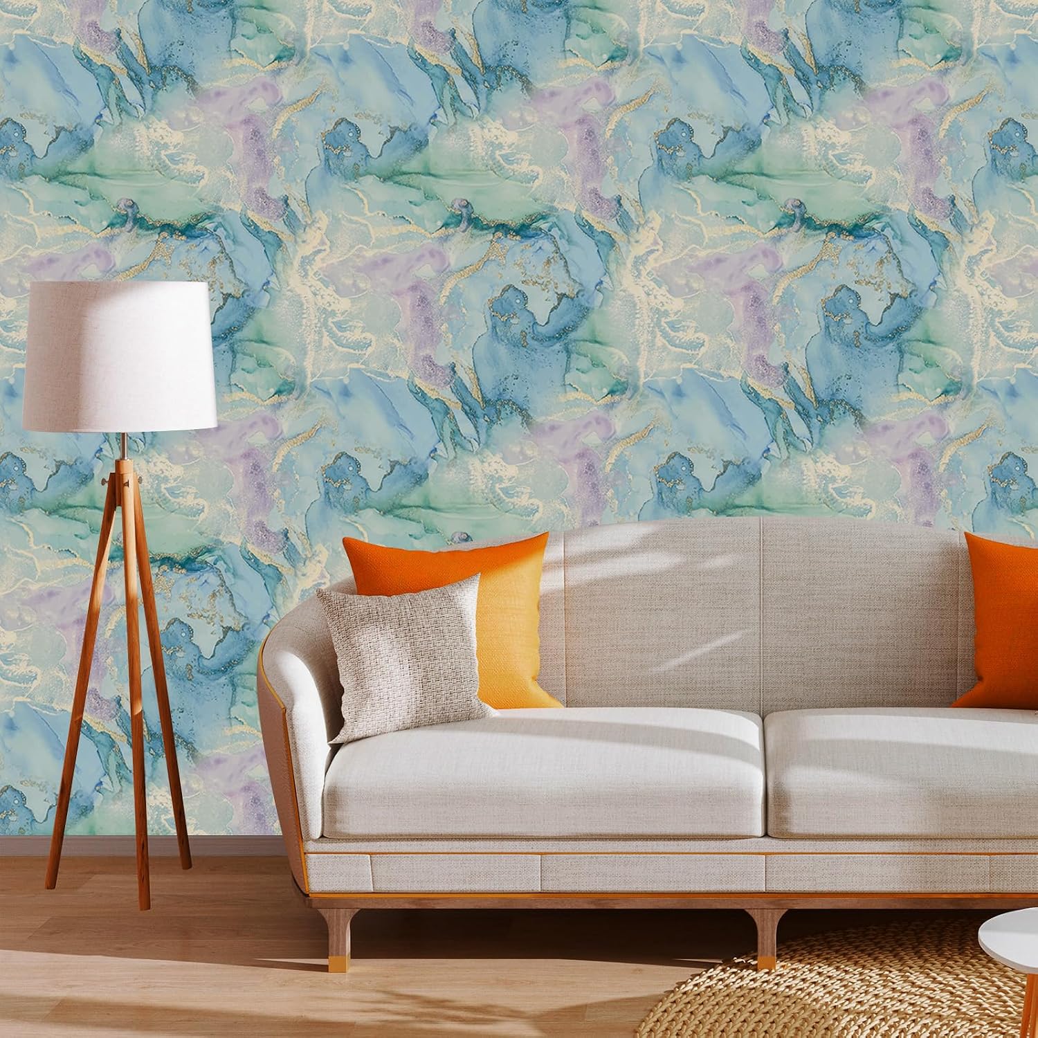 Watercolor Blue Gold Marble Peel and Stick Wallpaper Self / 17.7 x 118.1 / Mint Green and Gold