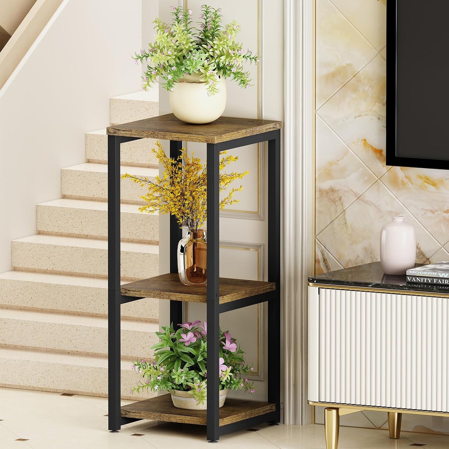 3 Tier Plant Stand Indoor Corner Tall Square Shape Plant Shelf | Modern Metal MDF board Flower Storage,Suitable tight