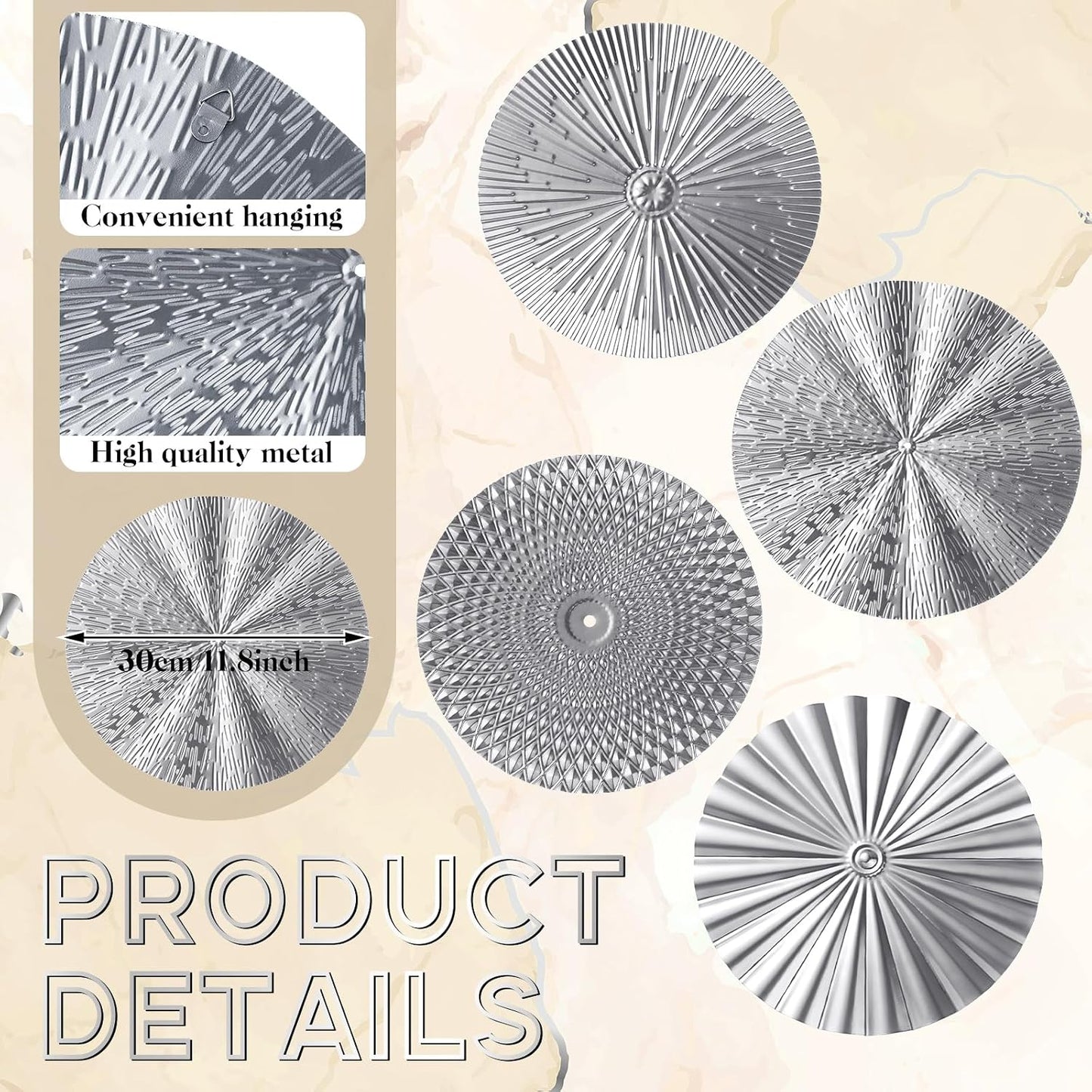 Metal Wall Art Decor Modern Sunburst Hanging Artwork Decor Wall / Silver / 12 Inch / Set of 4