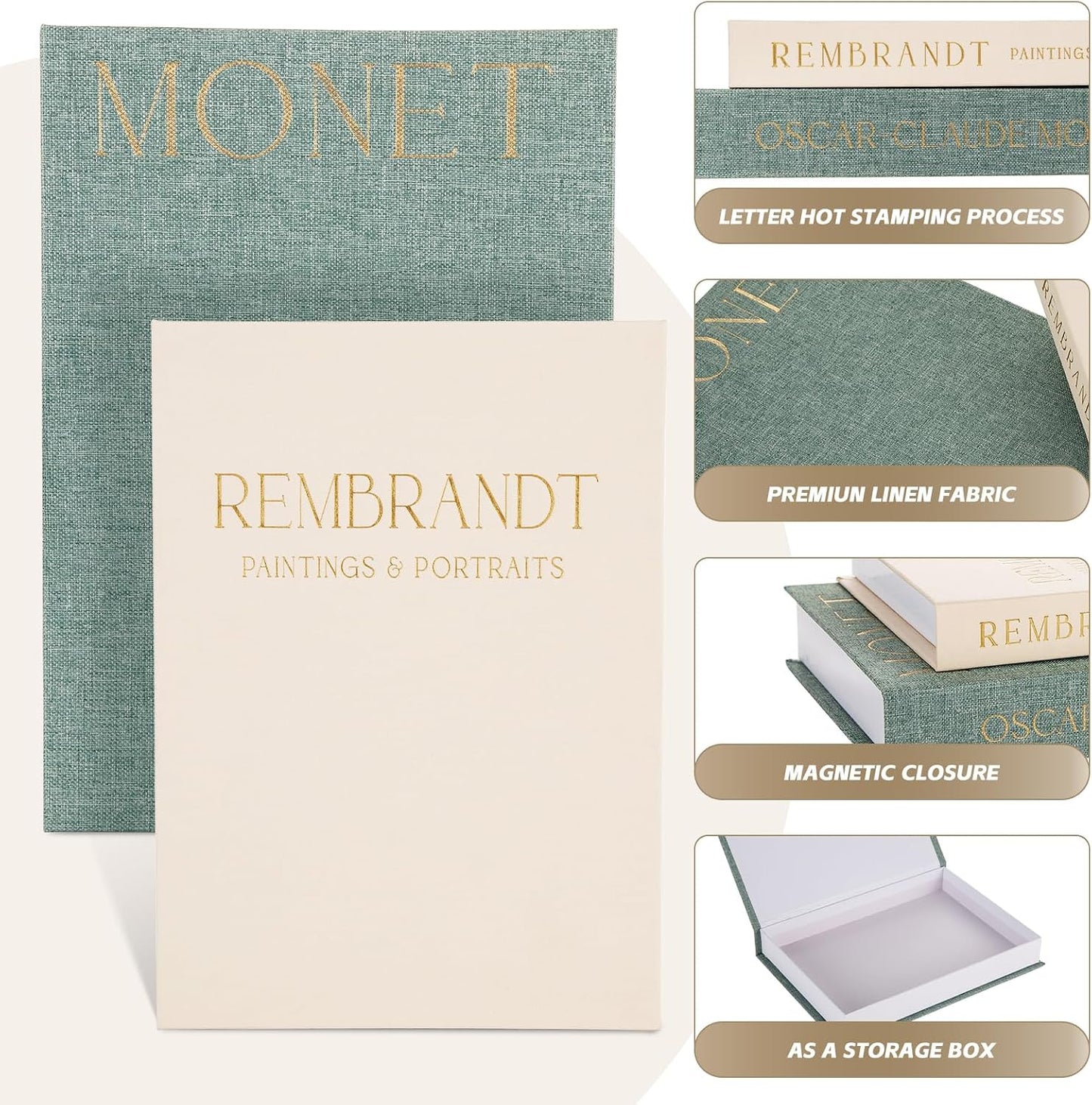 Linen Book Boxes Decor Coffee Table Bookshelf or Mantle / Green-beige / Set of 2