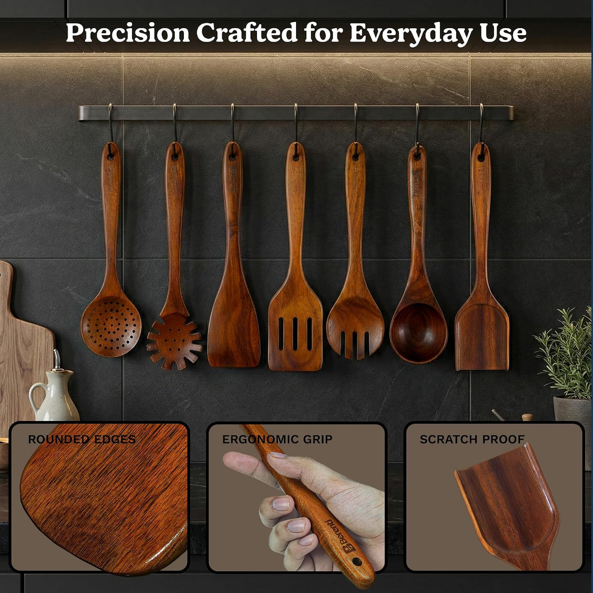 Berenti Wooden Utensil Set, 7 Piece Acacia Wood Cooking Utensils | Wooden spoon, spatula, turner, ladle, skimmer and