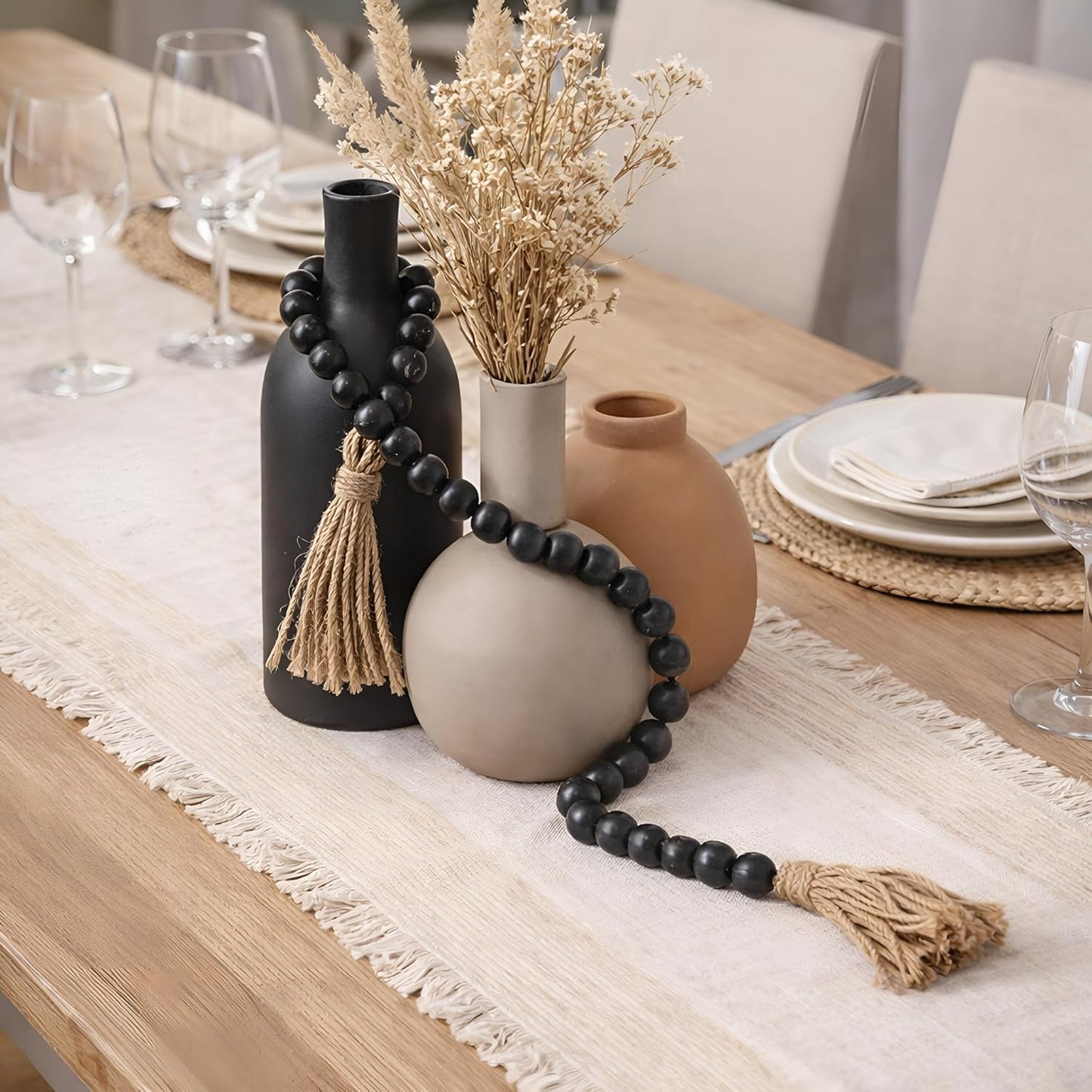 Ceramic Vase and Link Wood Knot Decor Coffee Table Decoration Boho Rustic Pottery / Black / Set of 5