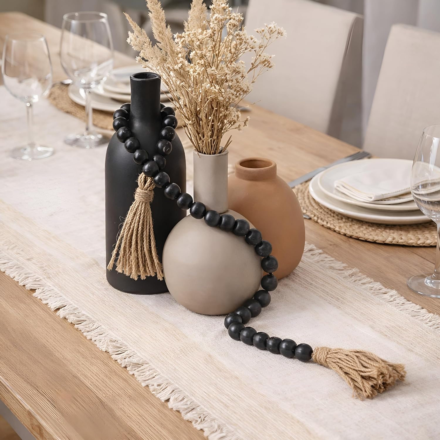 Ceramic Vase and Link Wood Knot Decor Coffee Table Decoration Boho Rustic Pottery / Black / Set of 5