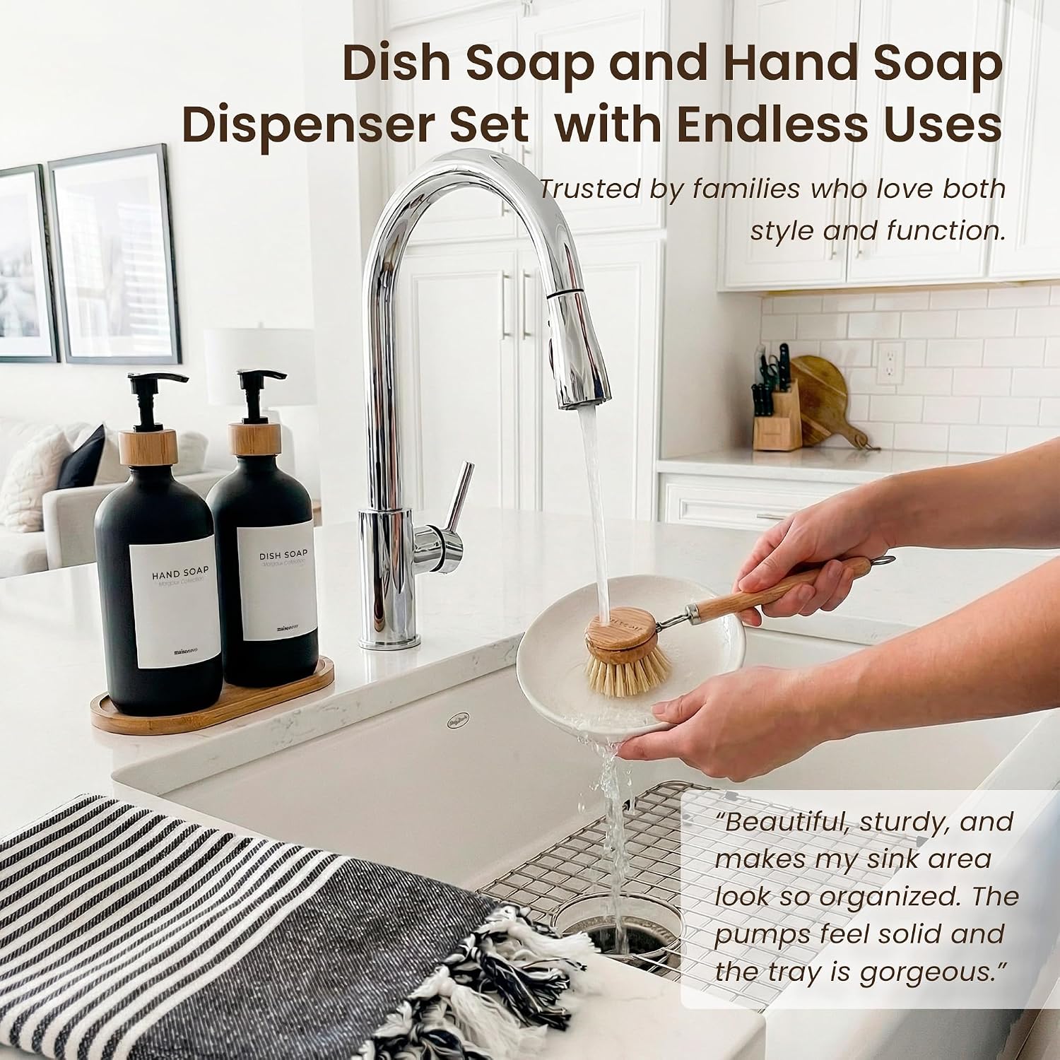 MaisoNovo Glass Dish Soap Dispenser for Kitchen Set of 2-16.9oz Dish and Hand Soap Dispenser Set for Kitchen - Black