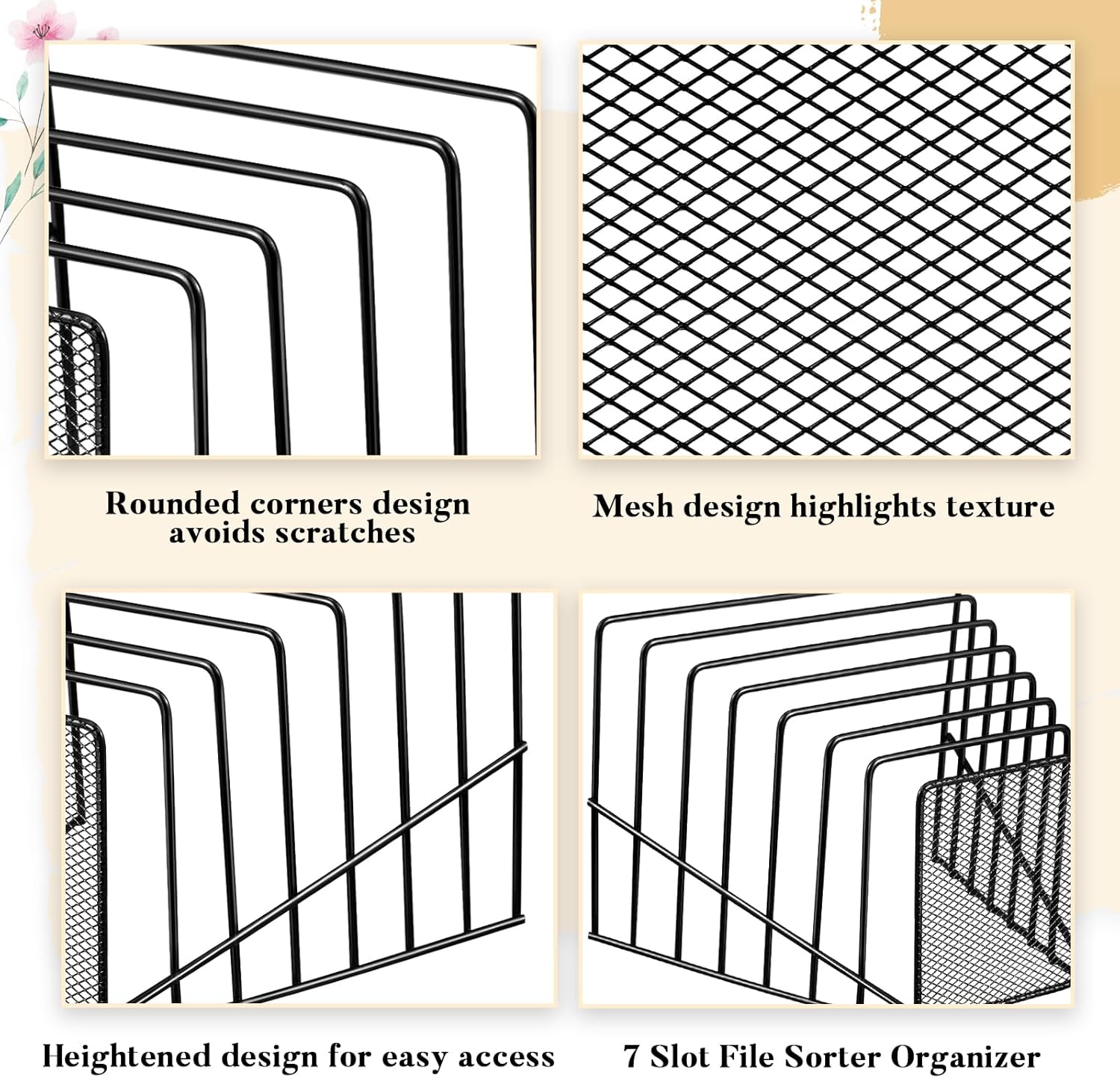 4 Pcs 7 Section Wire File Organizer for Desk, Metal Mesh Incline File Holder, Letter & Magazine Folder Rack, Desktop