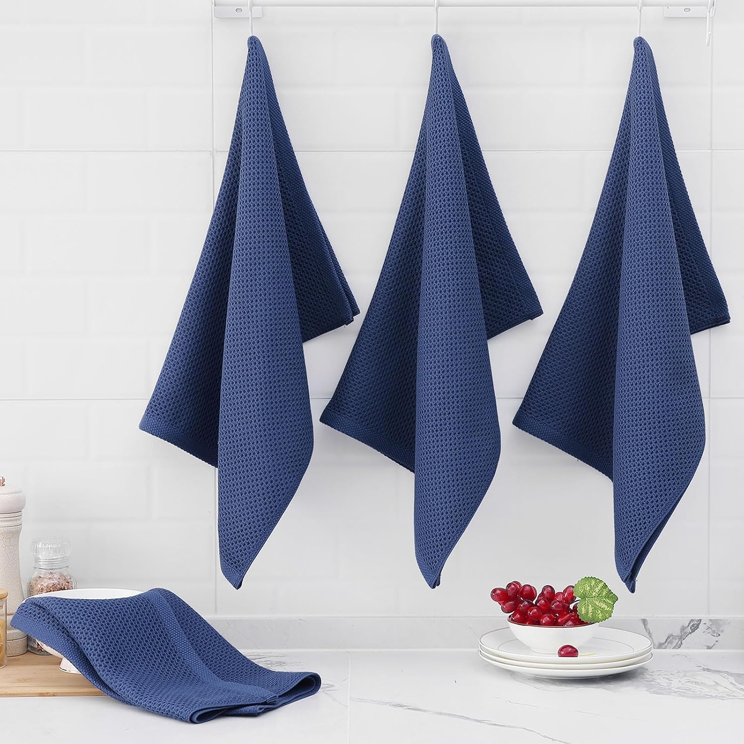 Homaxy 100% Cotton Oversized Waffle Weave Kitchen Towels 4-Pack, Navy Blue | 20 x 28 Inches, Ultra Soft Absorbent Dish