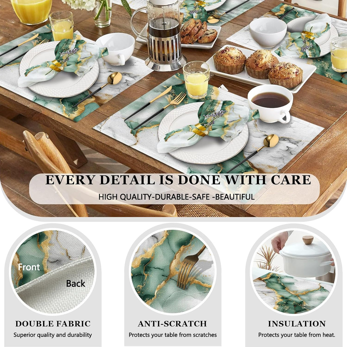 Mcalk 4 Each Green Marble Placemats and Cloth Napkins Set of 8, Modern Art Placemat, Marble Print Cloth Napkin for Home