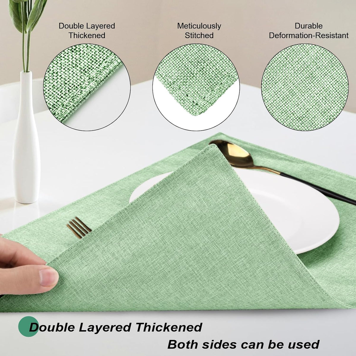 Cloth Placemats Set of 6, Cotton Linen Blend Place Mats, Light Green | Machine Washable, Double Layered, Heat