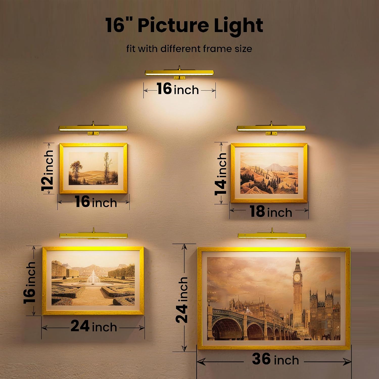 Picture Light Gold 2Pack, 5000mAh Battery Opertated Cordless Picture Lights for Wall, 16in CCT Dimmable with Touch
