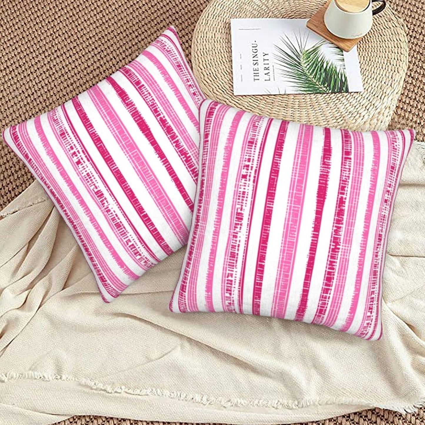 Boho Hot Pink White Striped Throw Pillow Covers Outdoor / 18 x 18 / Boho Hot Pink Striped / Set of 2