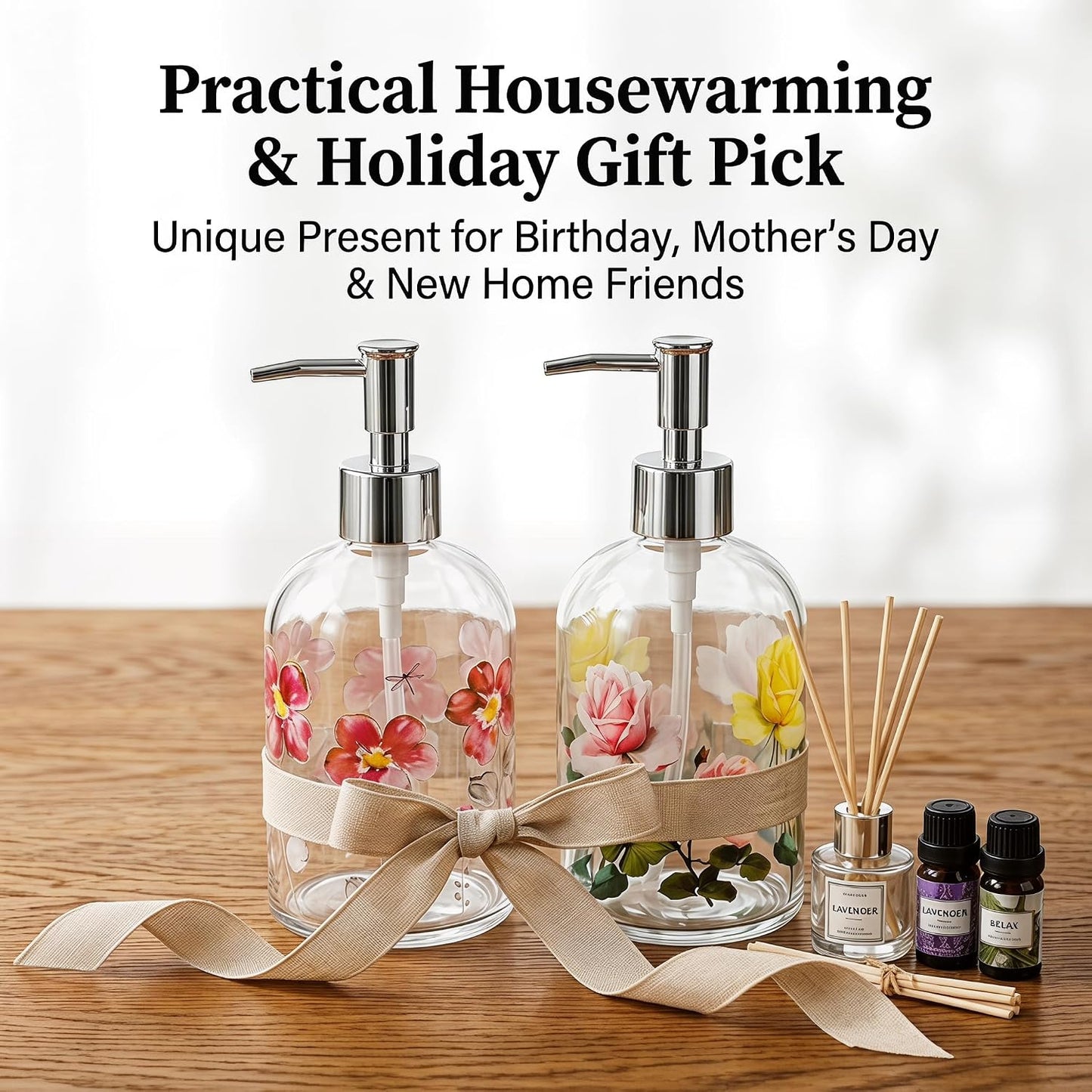 Topadorn 2 Pack Hand and Dish Soap Dispenser Set, Coordinated Floral | 17oz Glass Soap Dispensers with Pump, Refillable