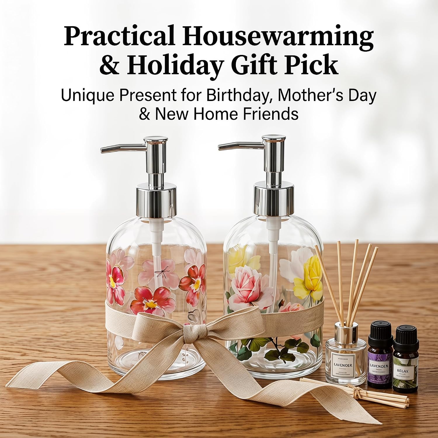 Topadorn 2 Pack Hand and Dish Soap Dispenser Set, Coordinated Floral | 17oz Glass Soap Dispensers with Pump, Refillable