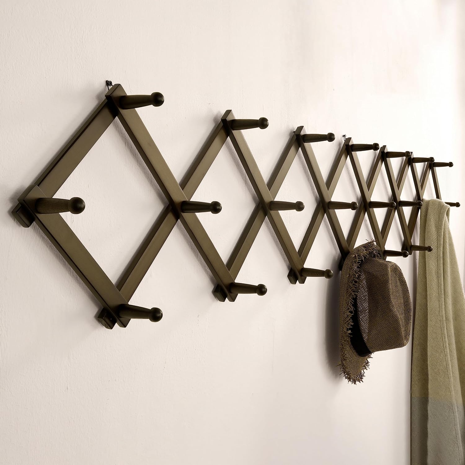 SKOLOO Accordion Wall Hanger with 22 Hooks, Modern Expandable Coat Rack Hat Rack for Wall, Solid Wooden, Dark Walnut