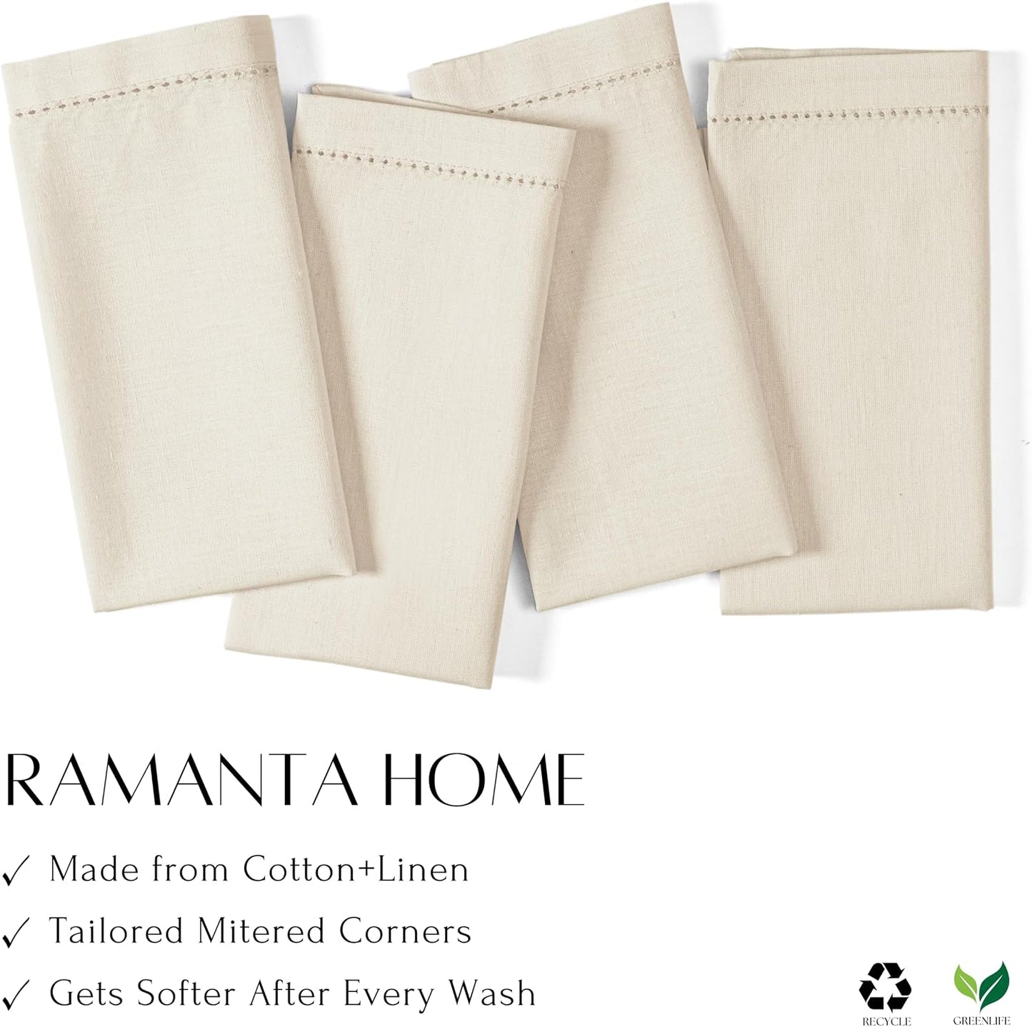 Ramanta Home Natural Cloth Dinner Napkin Set of 12-20x20 Inch, Premium Cotton Linen Flax Hemstitched Napkins, Soft