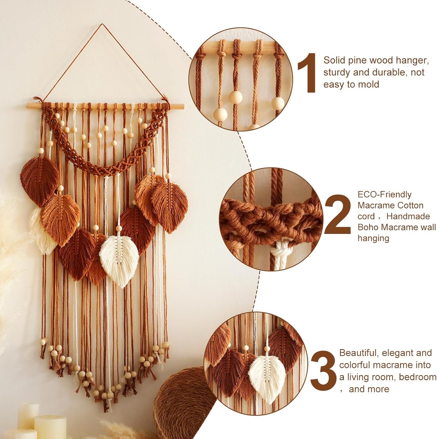 Macrame Wall Hanging -Handmade Leaf Wall Tapestry / Brown Orange
