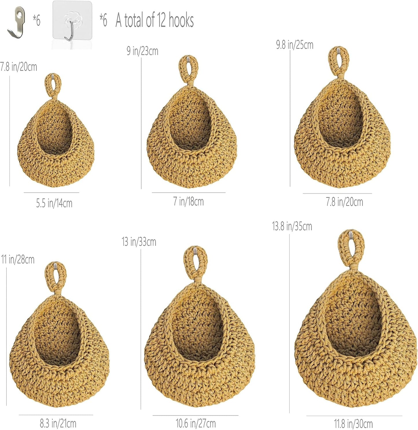 Natural Cotton Rope Hanging Basket Hand Woven Wall Mounted Hung Fruit / 6 Sizes Brown / Set of 6