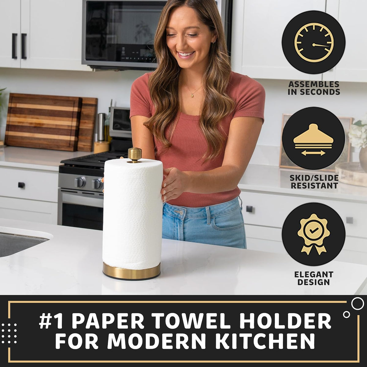 Heavy-Duty Stainless Steel Paper Towel Holder - Easy One-Handed Tear with Suction Cups - Modern Weighted Standing
