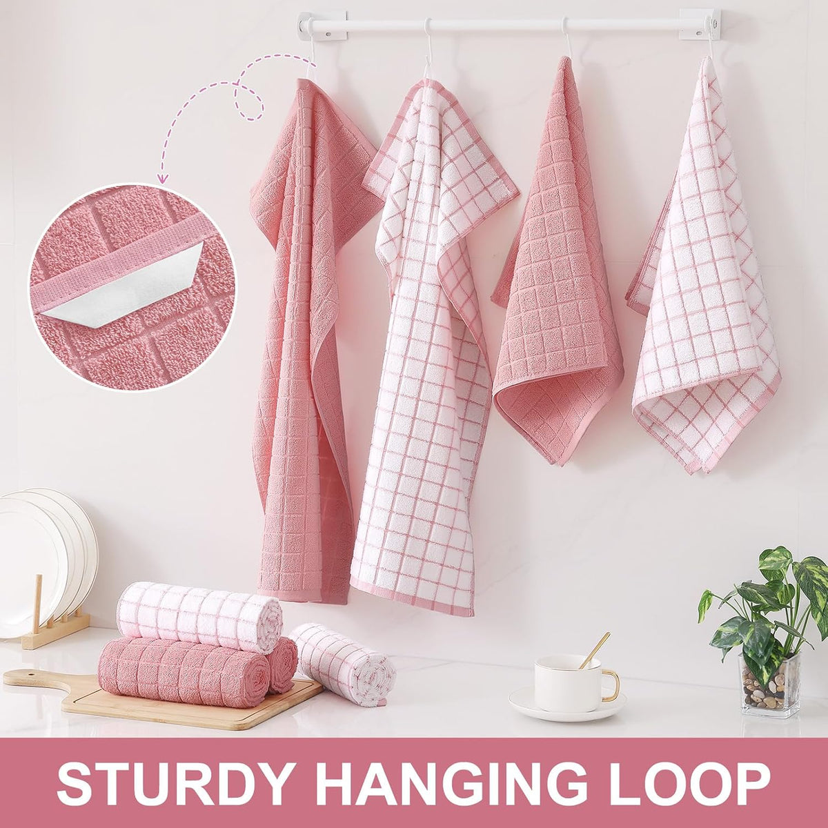 Homaxy Large Premium Cotton Kitchen Towels 16"x 28", 6 Pack, Rose | Natural Ring Spun 390 GSM Dish Towels, Super