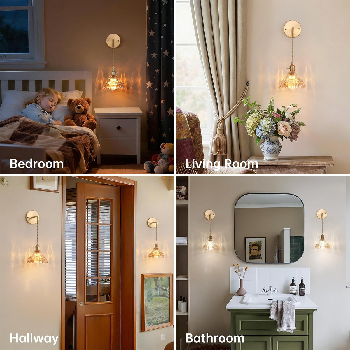 Shenmoyl Vintage Battery Operated wall sconces Set of 2, Wall Lamps with Amber Lily of the Shade Pattern Glass