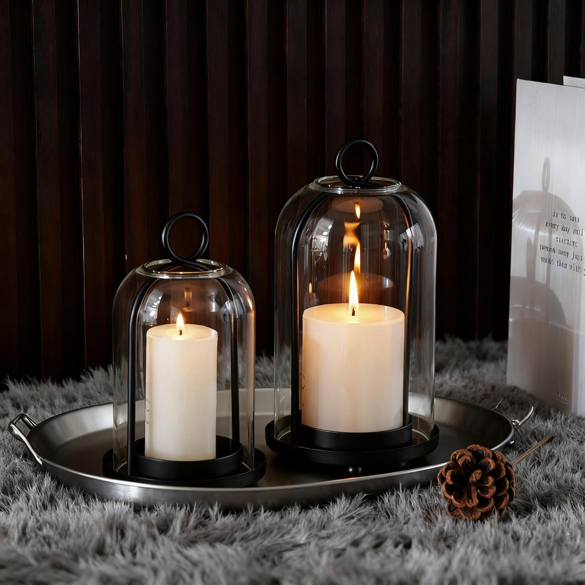 Glass Hurricane Candle Holder Decorative Black Metal Pillar Candle Lantern | Set of 2, Hanging Candlestick Holders