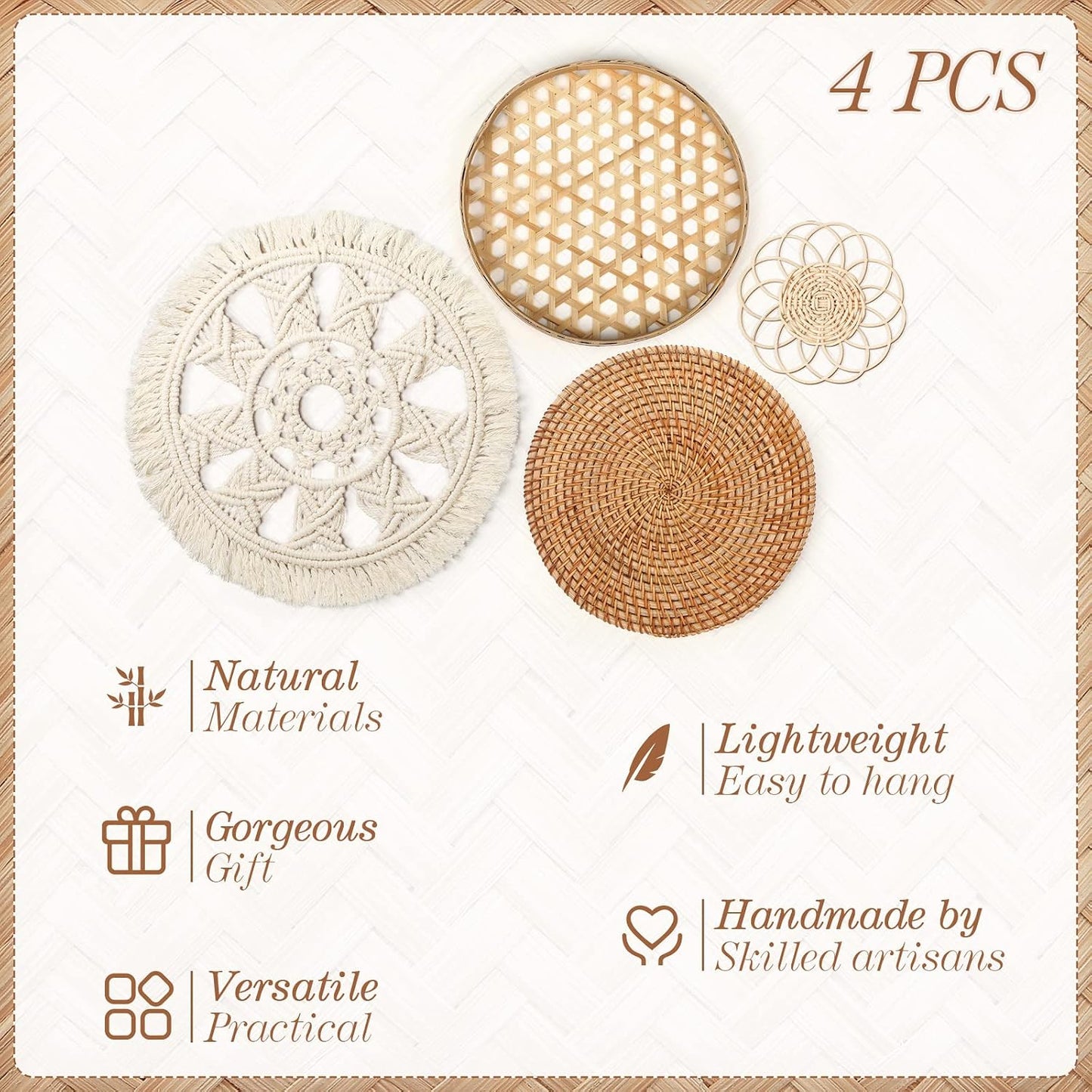 Boho Wall Basket Decor Round Rattan Hollow Bamboo Baskets Flower Shape Flat Woven Wall / Set of 4