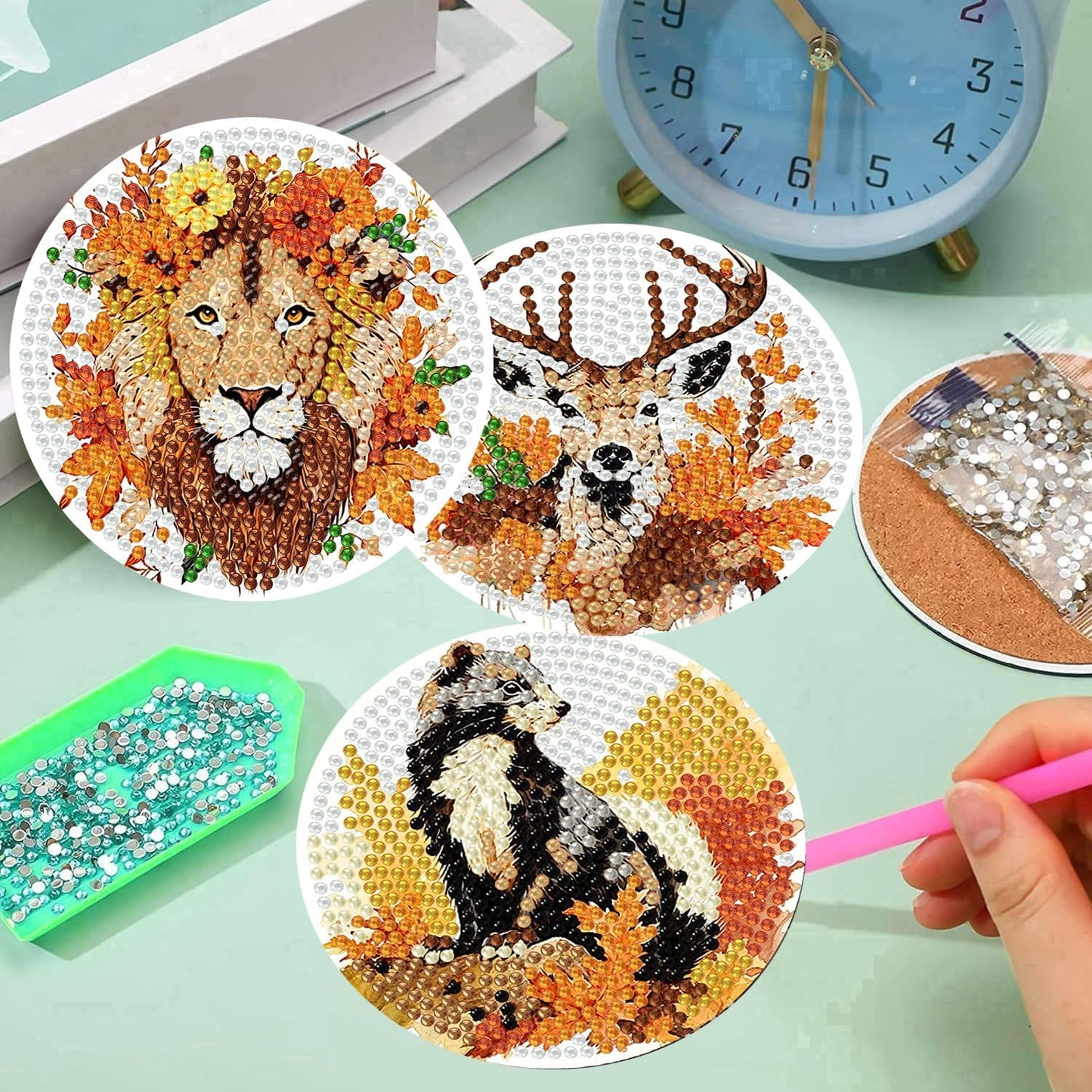 Holder Cork / Diamond Painting Coasters / Fall Animals / Set of 8