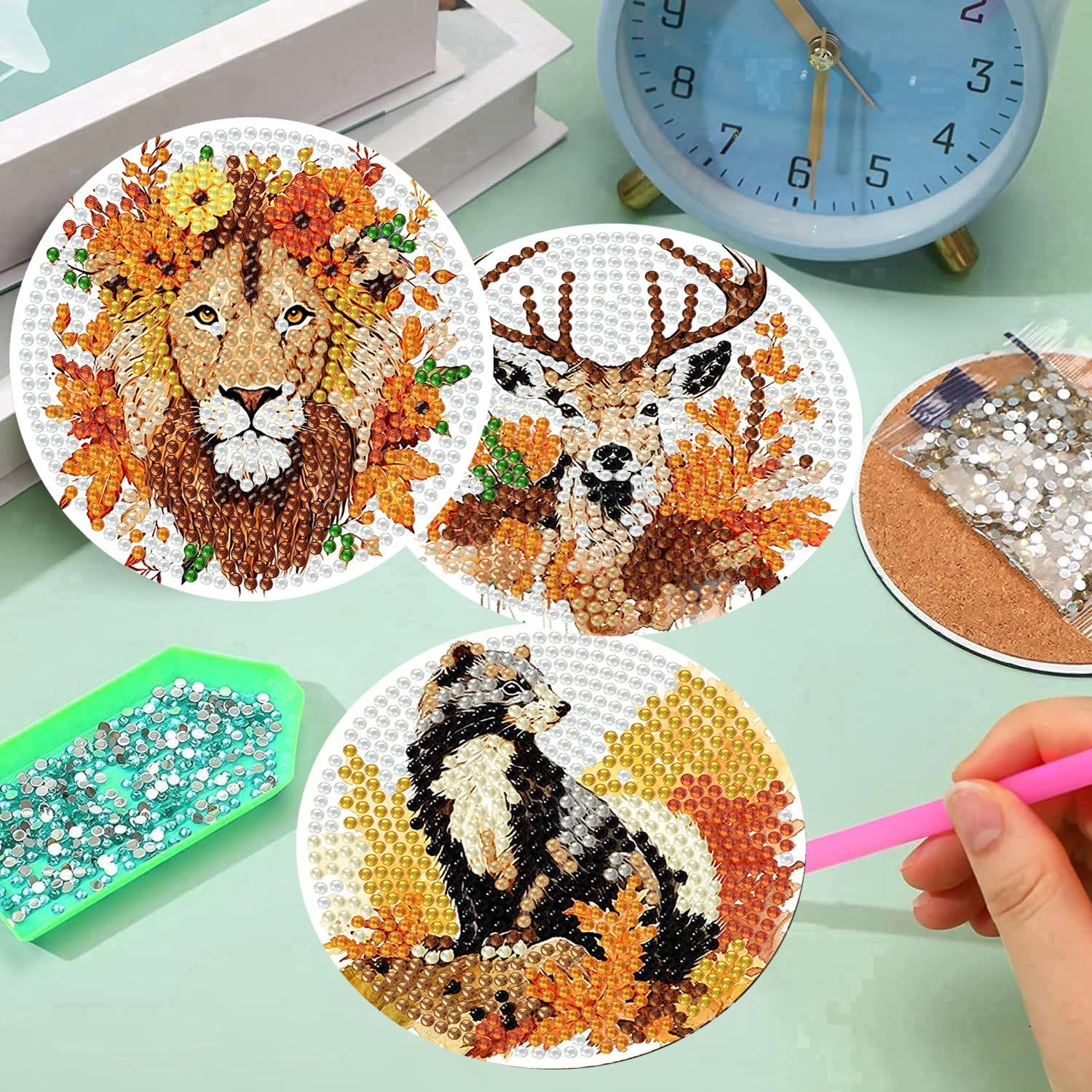 Holder Cork / Diamond Painting Coasters / Fall Animals / Set of 8
