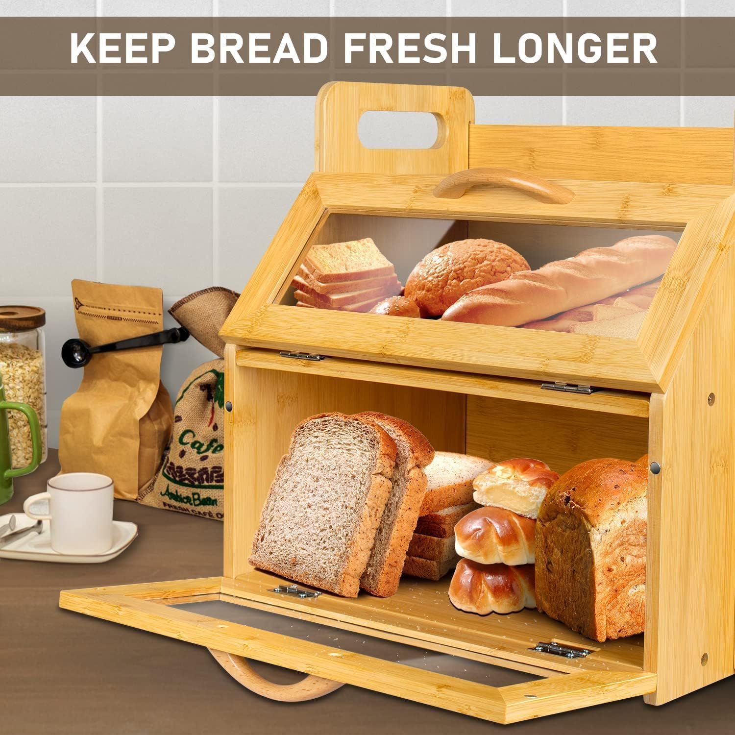 BAMBANG Bread Box for Kitchen Countertop, Extra Large Double Layer Bamboo Breadbox with Clear Window, Farmhouse Wooden
