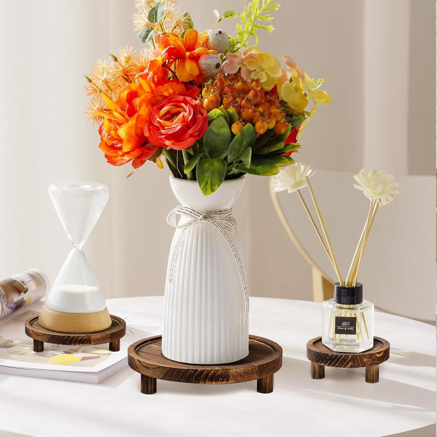 Wooden Display Risers Round Wood Pedestal Stand Mini Plant Tray Stand / Brown / 6 Inch / Set of 3