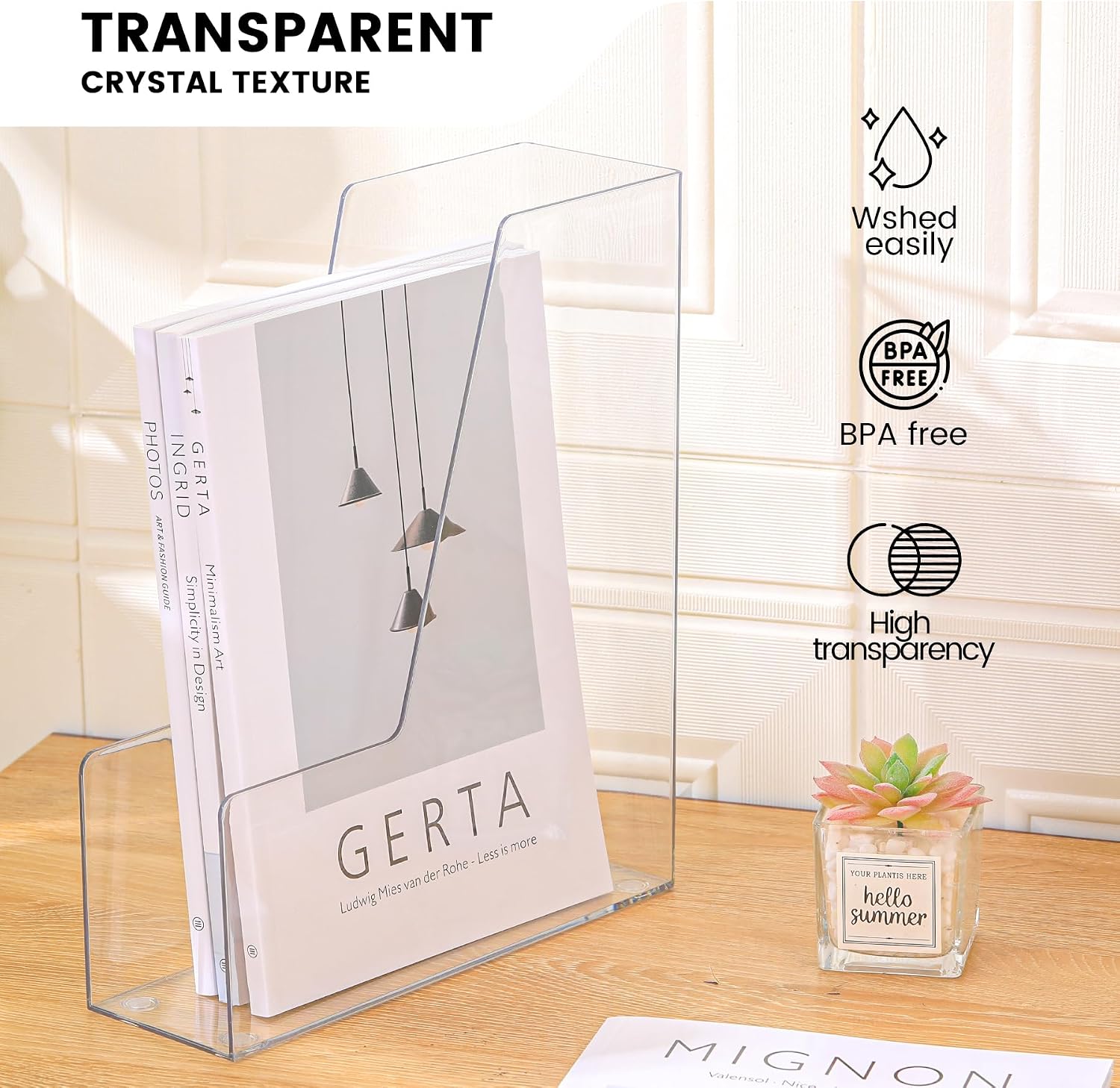 CiWiVOKi Vertical File Holder, Clear PET Desk Organizer and Storage Bins Holding for Magazines, Binders, Notebooks