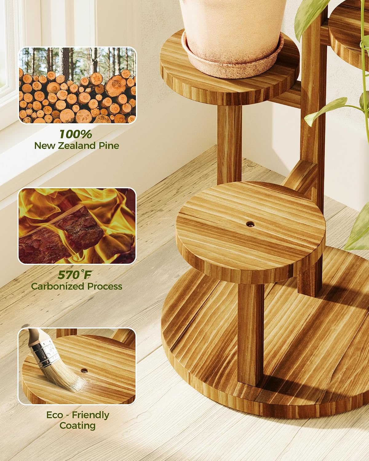 Bamworld Plant Stand Indoor Wood Plant Shelf 3 Tier Brown | plant holders for Multiple Plants Tall Corner Plant Stands