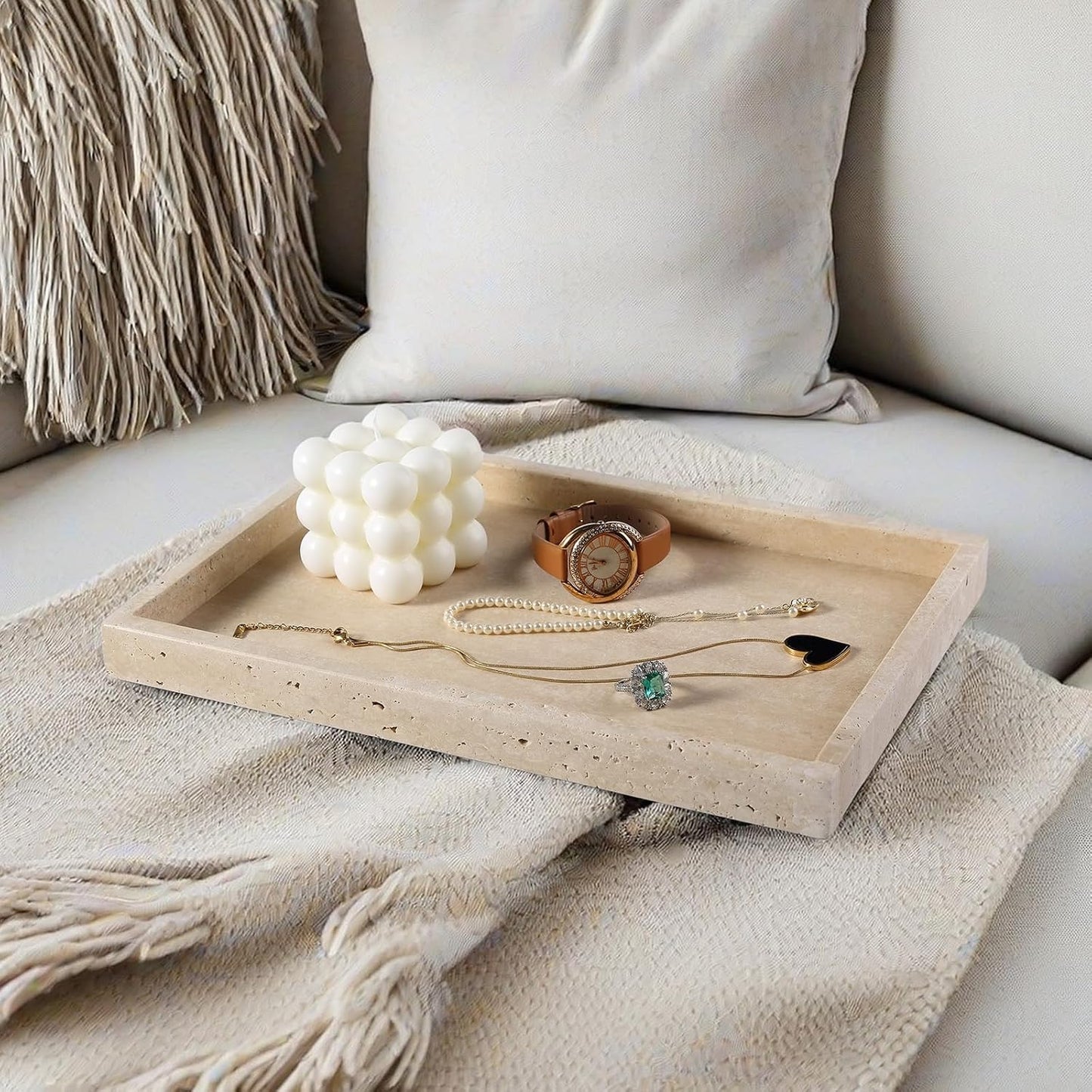 Travertine Tray / Perfume Candle Storage / Roman Travertine / 12 x 8 / Natural
