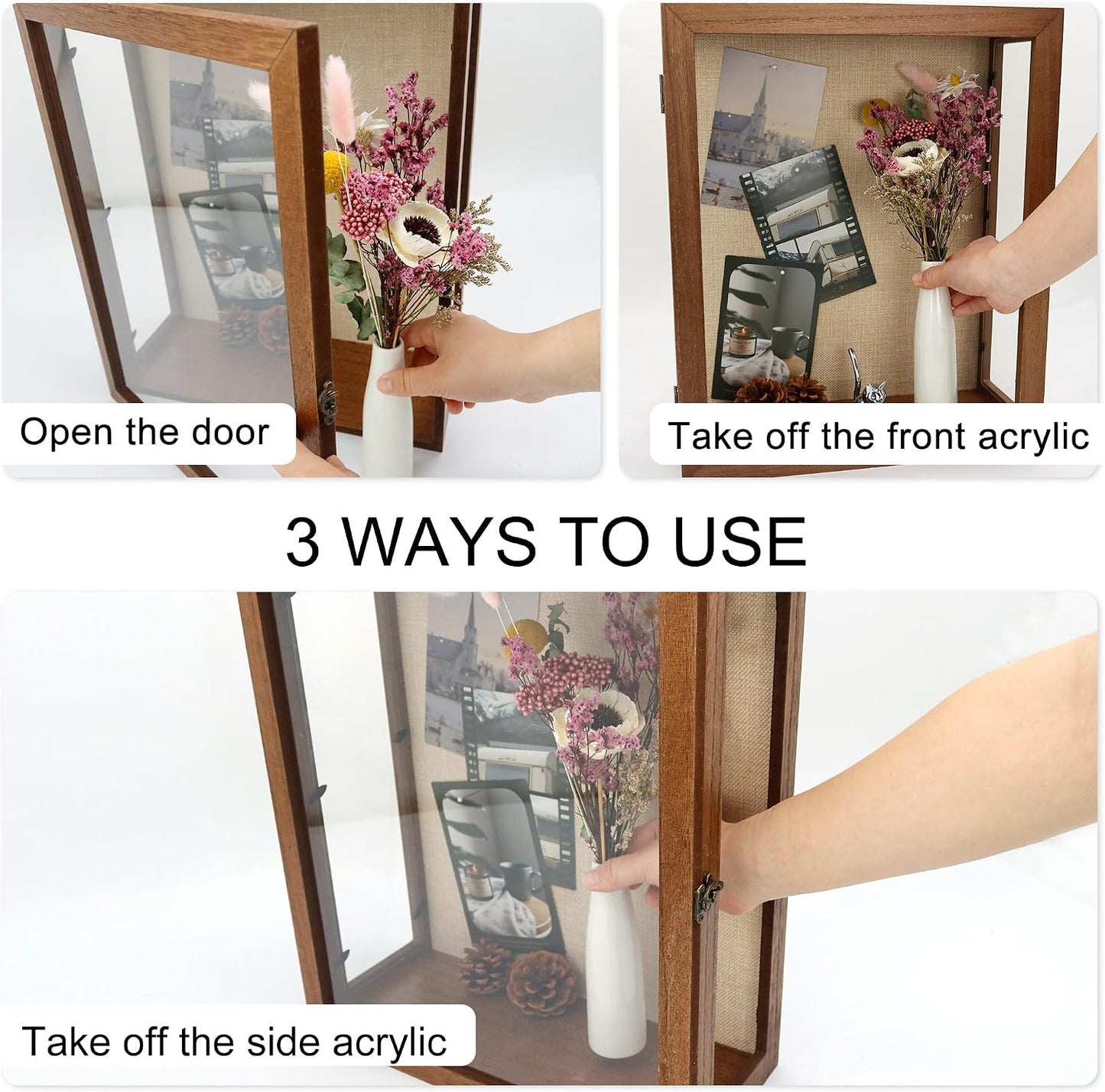 13x16x6 Extra Deep Shadow Box with 3 Removable Panels,Carbonized | Wood Display Case for Wall Mounted or Tabletop