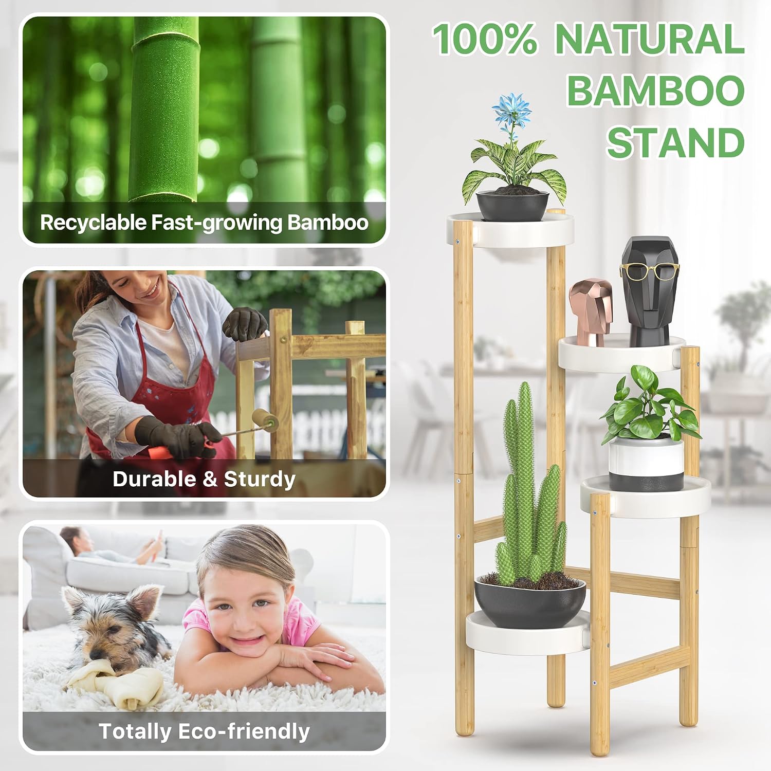 Wisuce Bamboo Plant Stands Indoor, 4 Tier Tall Corner Plant Stand Holder & Plant Display Rack for Outdoor Garden Indoor