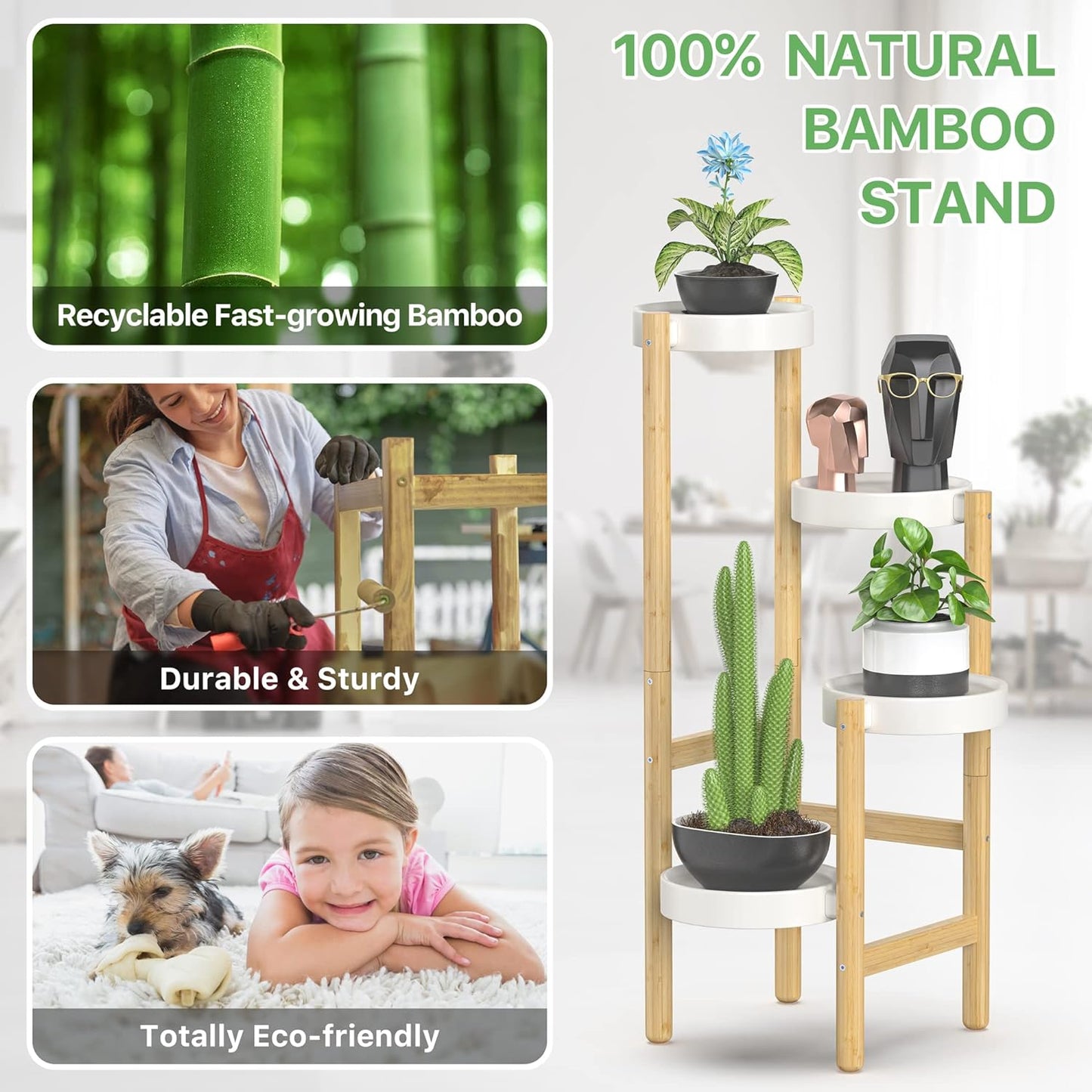 Wisuce Bamboo Plant Stand Indoor, 4 Tier Tall Corner Plant Shelf Table | Easy-Clean Steel Top | Smooth Bamboo | Narrow