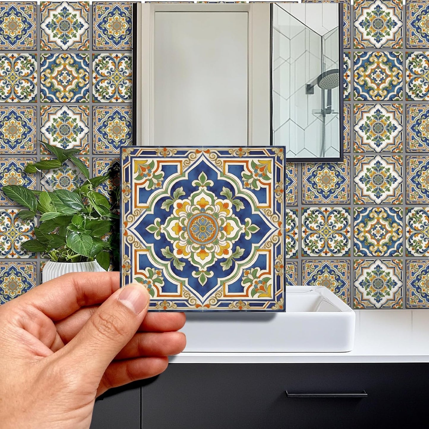 4 Style Tile Stickers Peel and Stick Retro Floral Wall Tile Stickers / Blue Floral / Set of 36