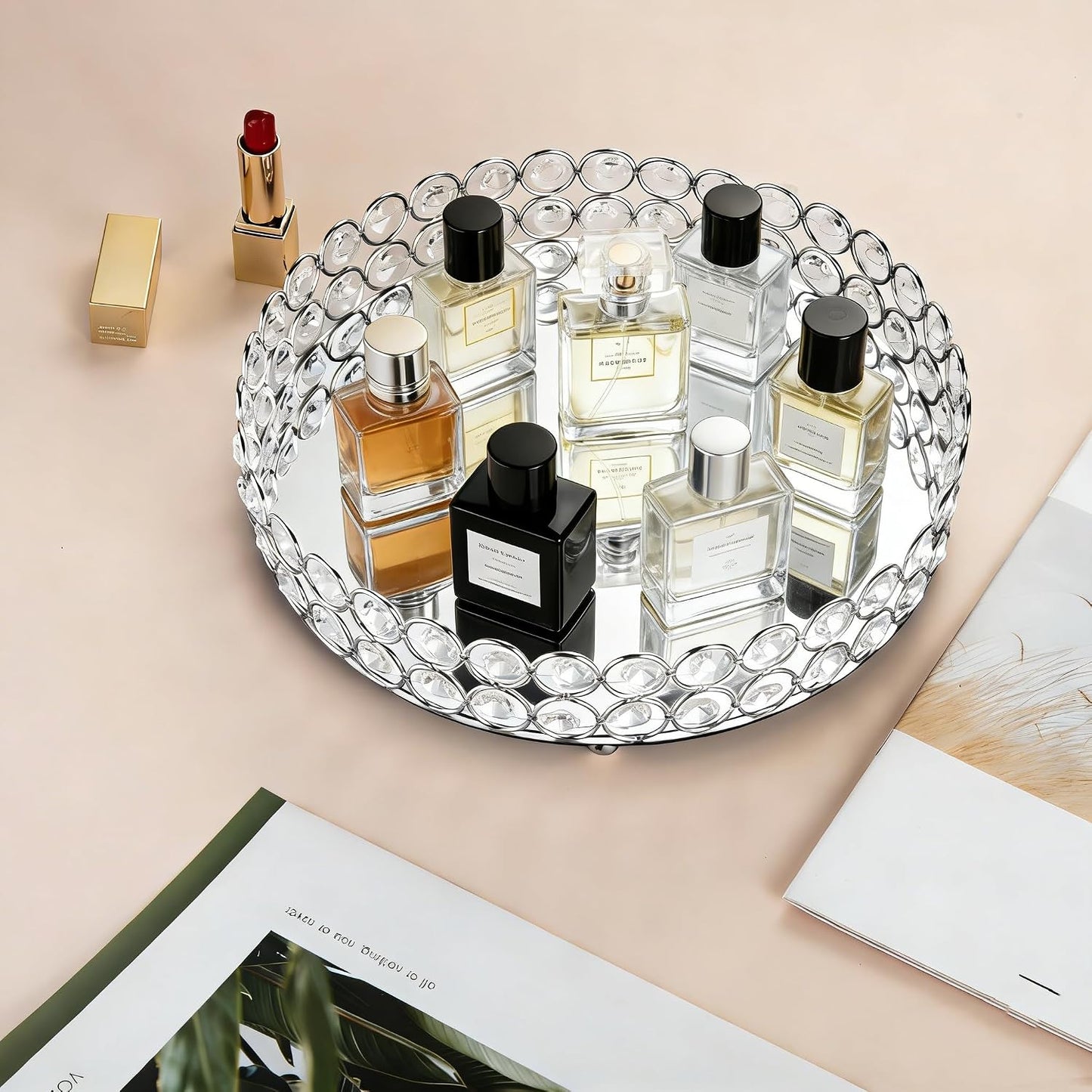 Crystal Perfume Tray Cosmetic Makeup Vanity Tray Jewelry Trinket Organizer Mirrored / Silver