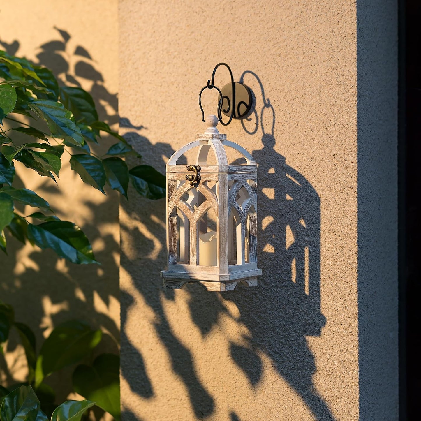 Farmhouse Lantern Decorative Indoor, White Wood Candle Holder | Wash White Hanging Lanterns, 15" & 11" Set of 2, Fall
