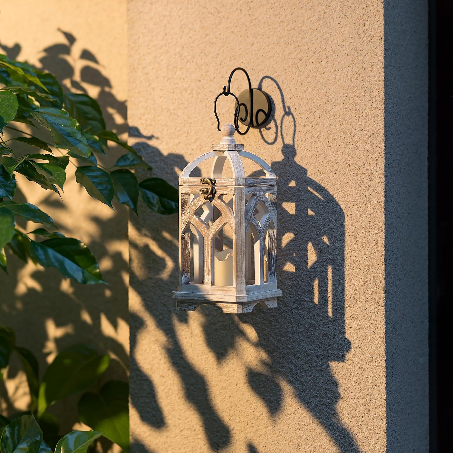 Farmhouse Lantern Decorative Indoor, White Wood Candle Holder | Wash White Hanging Lanterns, 15" & 11" Set of 2, Fall